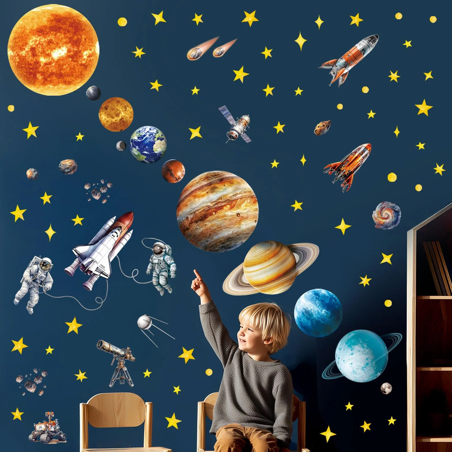 DECOWALL DS12-8077 Autocollants muraux système solaire amovibles brillent dans la nuit pour enfants