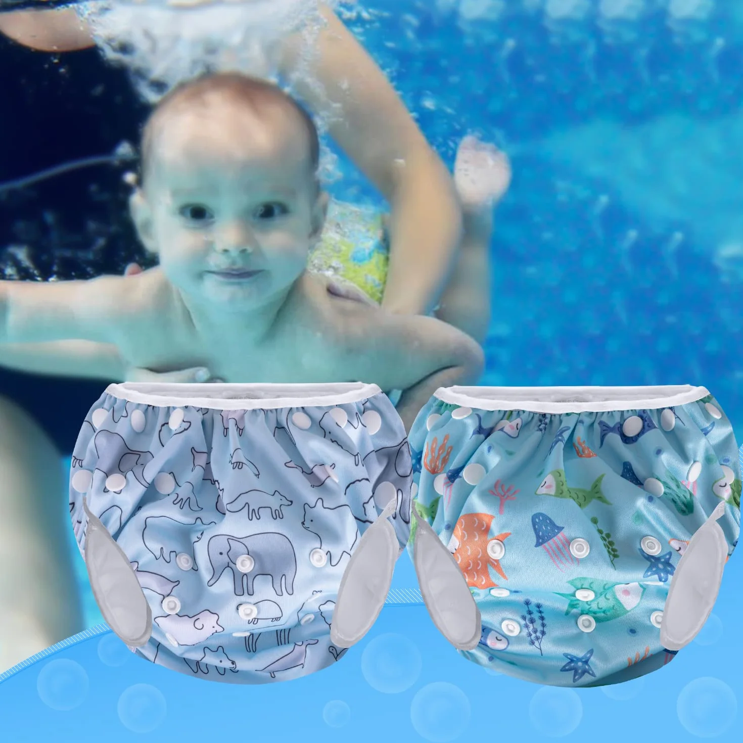 Teamoy Couches de natation réutilisables lot de 2, réglables lavables bébé garçons filles Monde sous-marin Monde animal