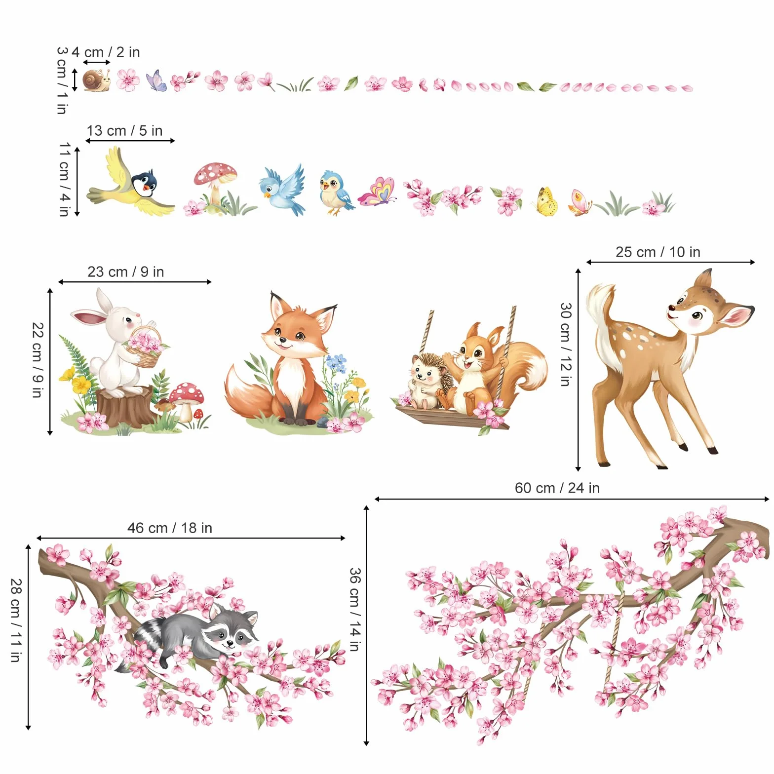 Decalmile Autocollant Mural Fleurs de Cerisier Rose Animaux des Bois Floral Branche Arbre Décoration Murale Chambre Enfants