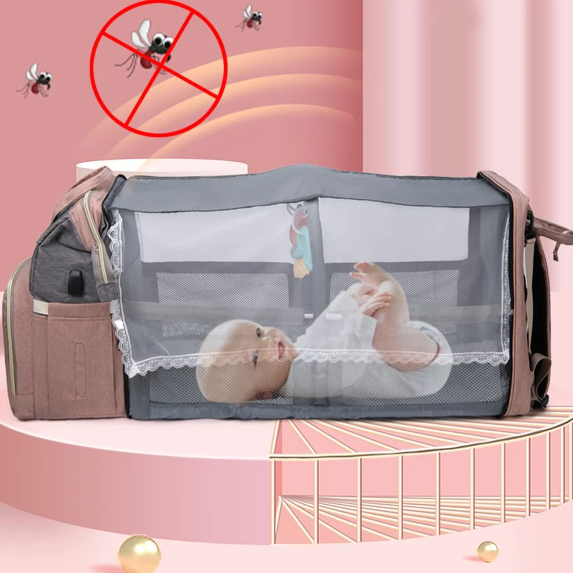 Sac à Langer Bébé Grand Sac à Dos avec Matelas, Moustiquaire et Port USB