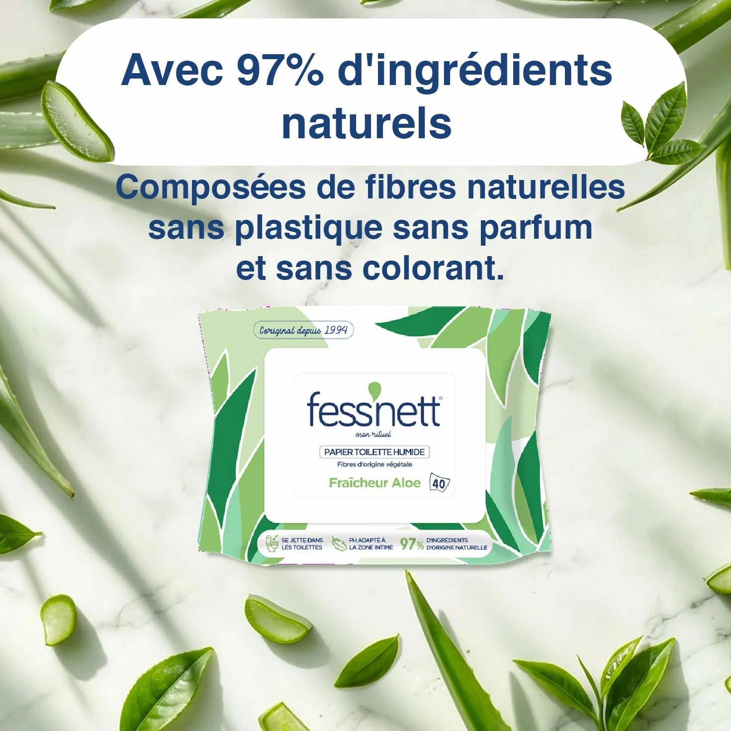 Papier Toilette Humidifié Vert Aloe 40 Feuilles 100% Fibres Végétales PH Neutre Sans Parfum