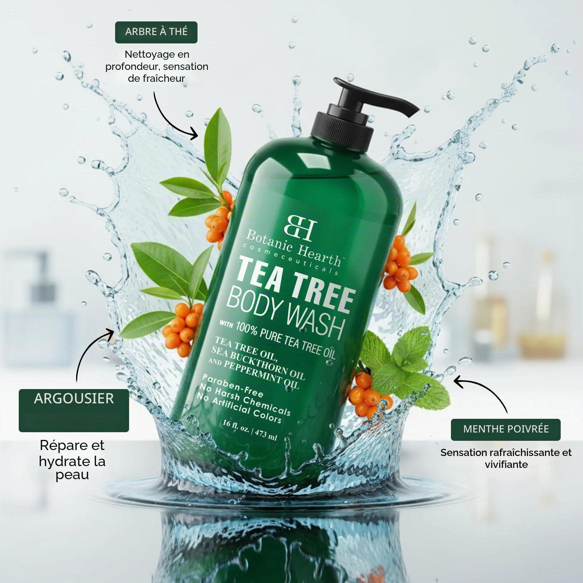 Botanic Hearth Gel douche à l'arbre à thé 473 ml Antifongique Anti-odeurs Naturel Sans Sulfates Ni Parabènes
