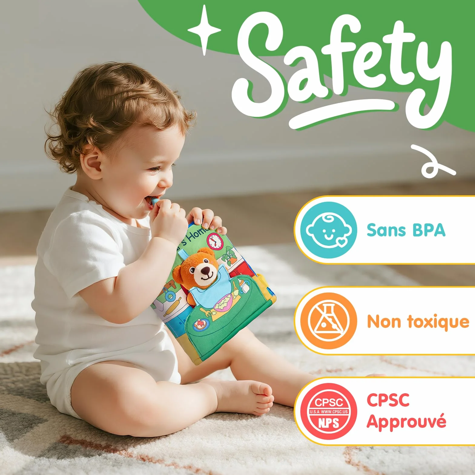 Livre Tissu Bebe Eveil 1 an - Livres activite sensoriel tactiles Bebes, Jouets Tissu Temps sur Ventre 6-18 Mois, Cadeau garcon Fille Enfant