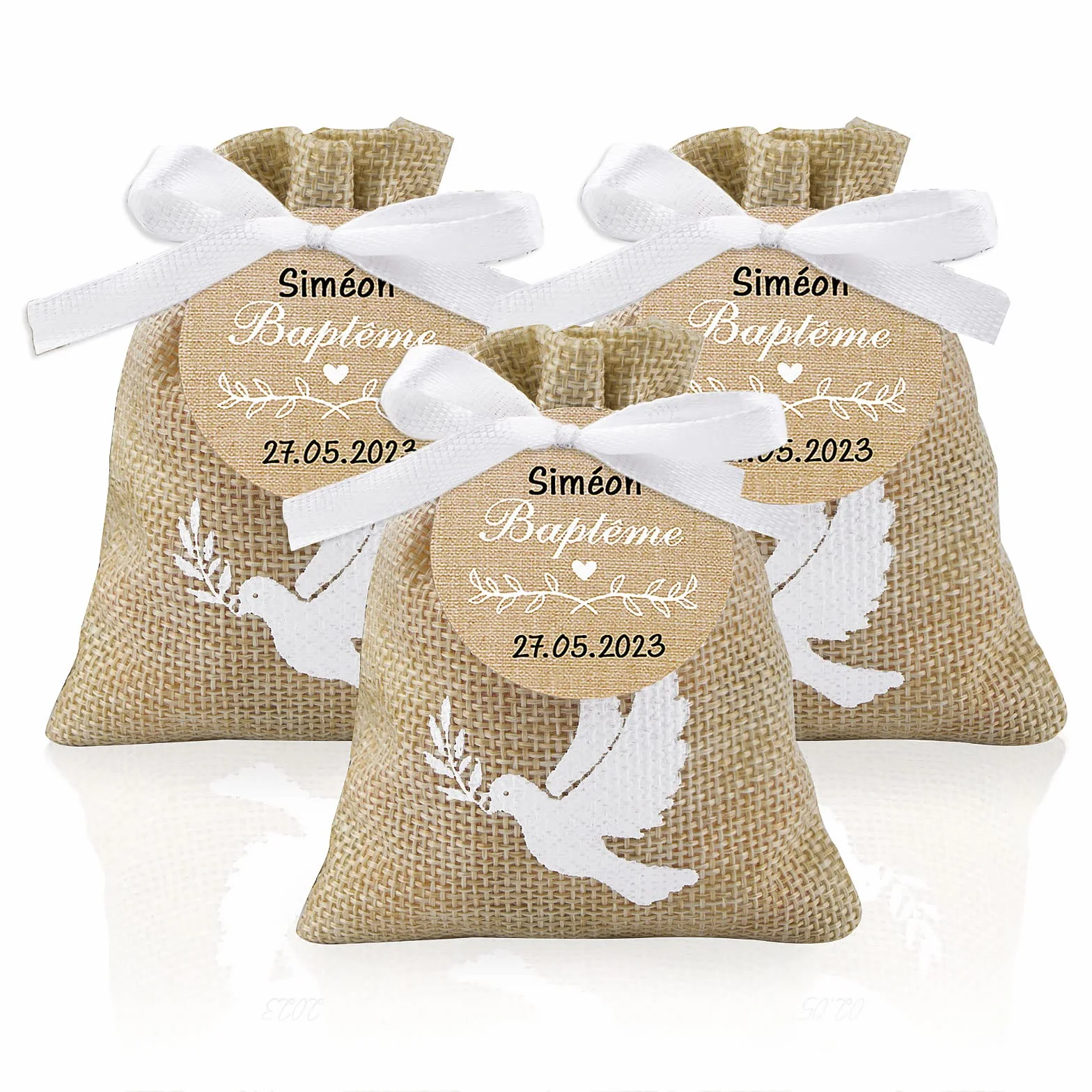 20Pcs Sachet Jute Etiquette Baptême Pochette Dragée Motif Colombe Cadeau Invité Décoration avec Ruban