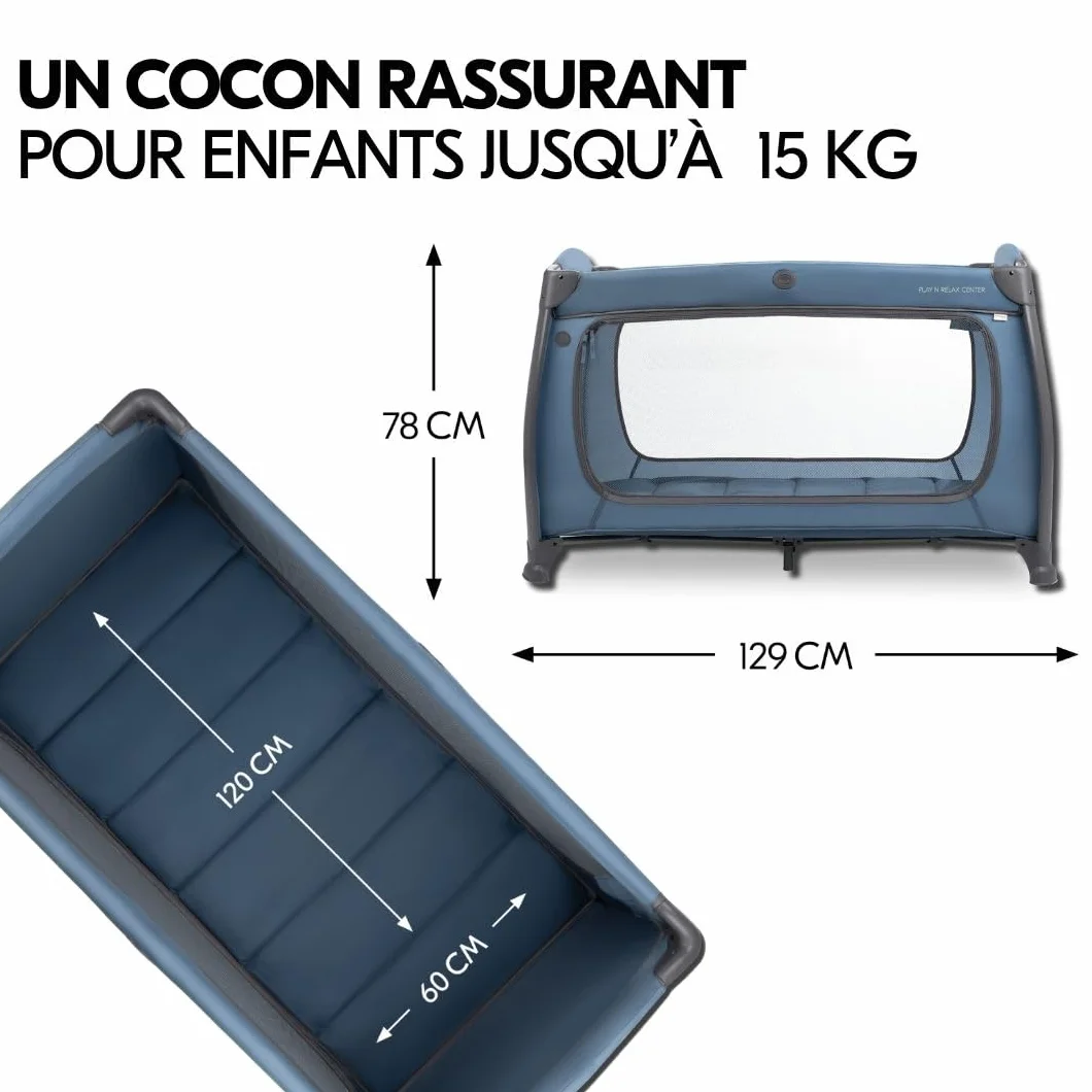 hauck Lit Parapluie Bébé avec Matelas Play N Relax Center - Lit Voyage Bébé Moustiquaire, Niveau Nouveau-Né, Table à Langer, Roues, Sac Transport, Bleu Foncé