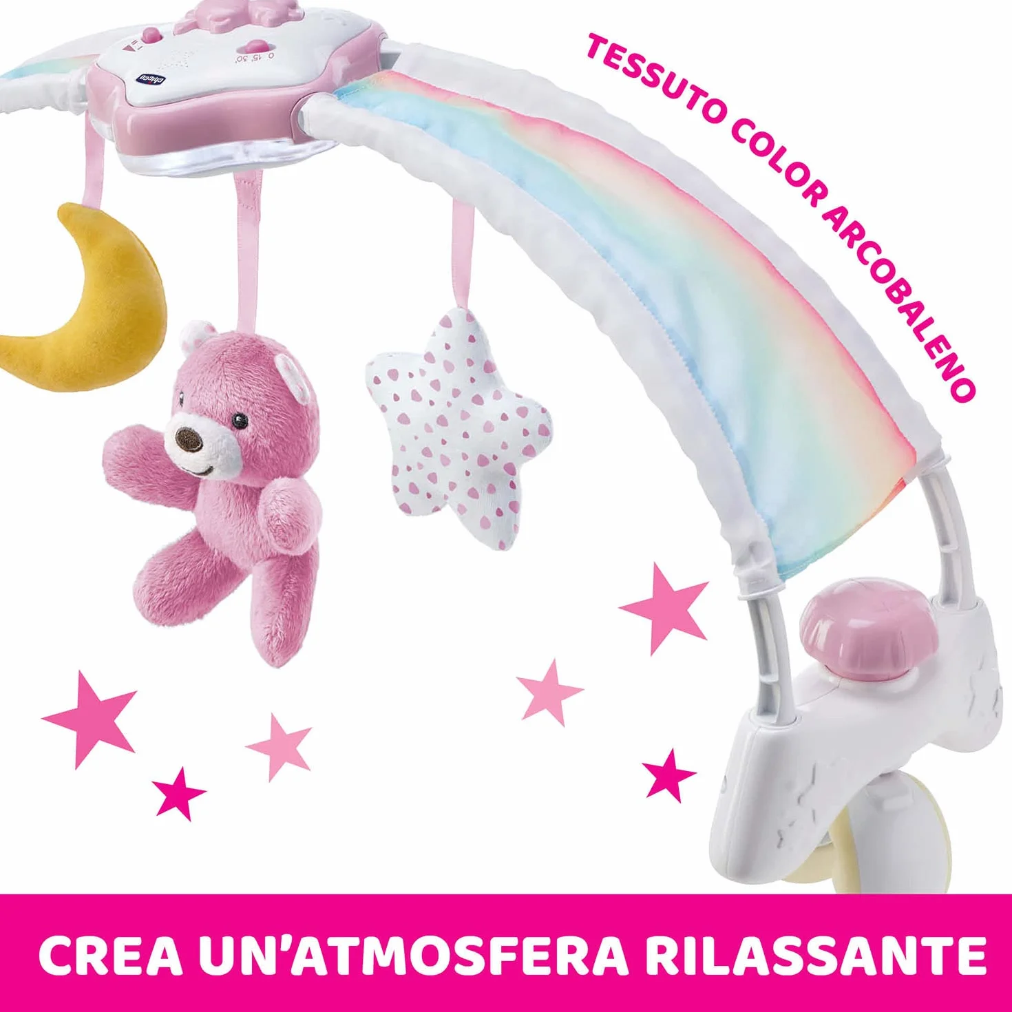 Chicco Arche Arc en Ciel Jeu de Développement 2 en 1 Compatible Lit Next2Me Panneau Berceau Veilleuse Musique Pendentifs Jouet Bébé 0+ Mois Rose