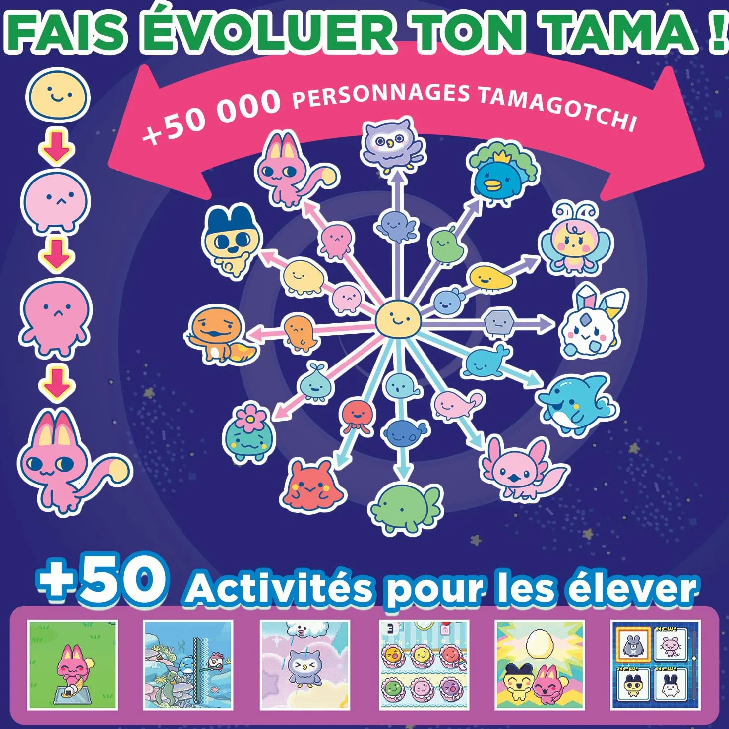 Bandai Tamagotchi Paradise Ciel Animal Virtuel à élever avec molette de Zoom Jouet Interactif français Violet Rose