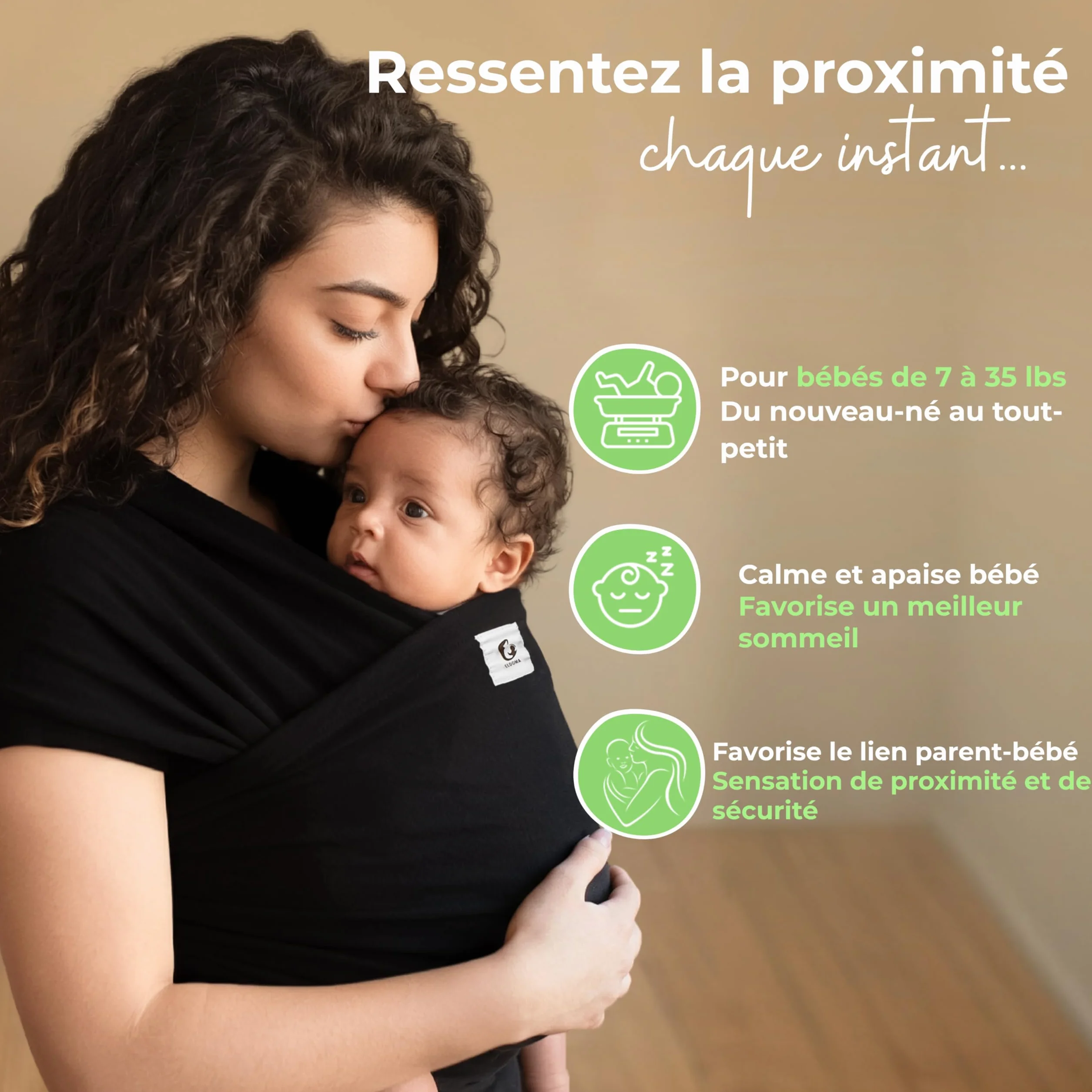 ELDOMA Porte-bébé en Écharpe Noir Léger et Respirant Mains Libres 3-15kg