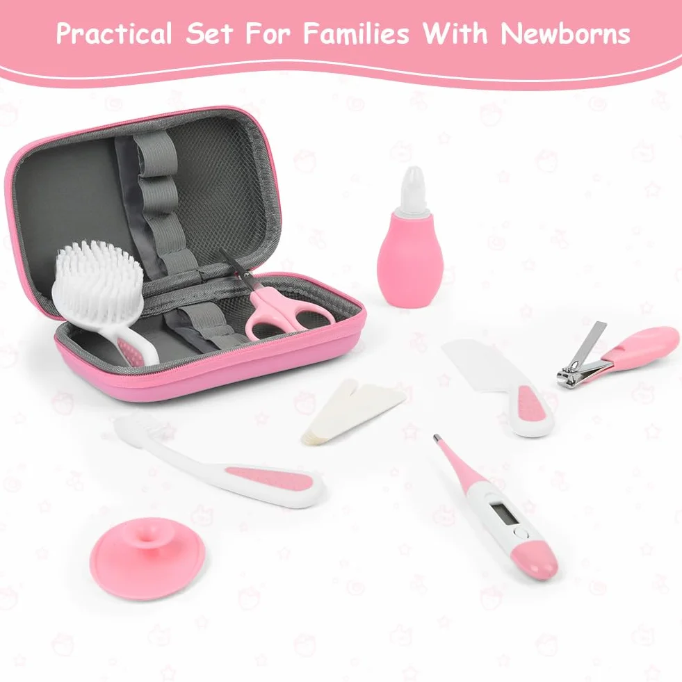 Flintronic Trousse de Soin Bébé 14 Pièces, Trousse de Toilette Compacte avec Brosse à Cheveux et Pince à Ongles