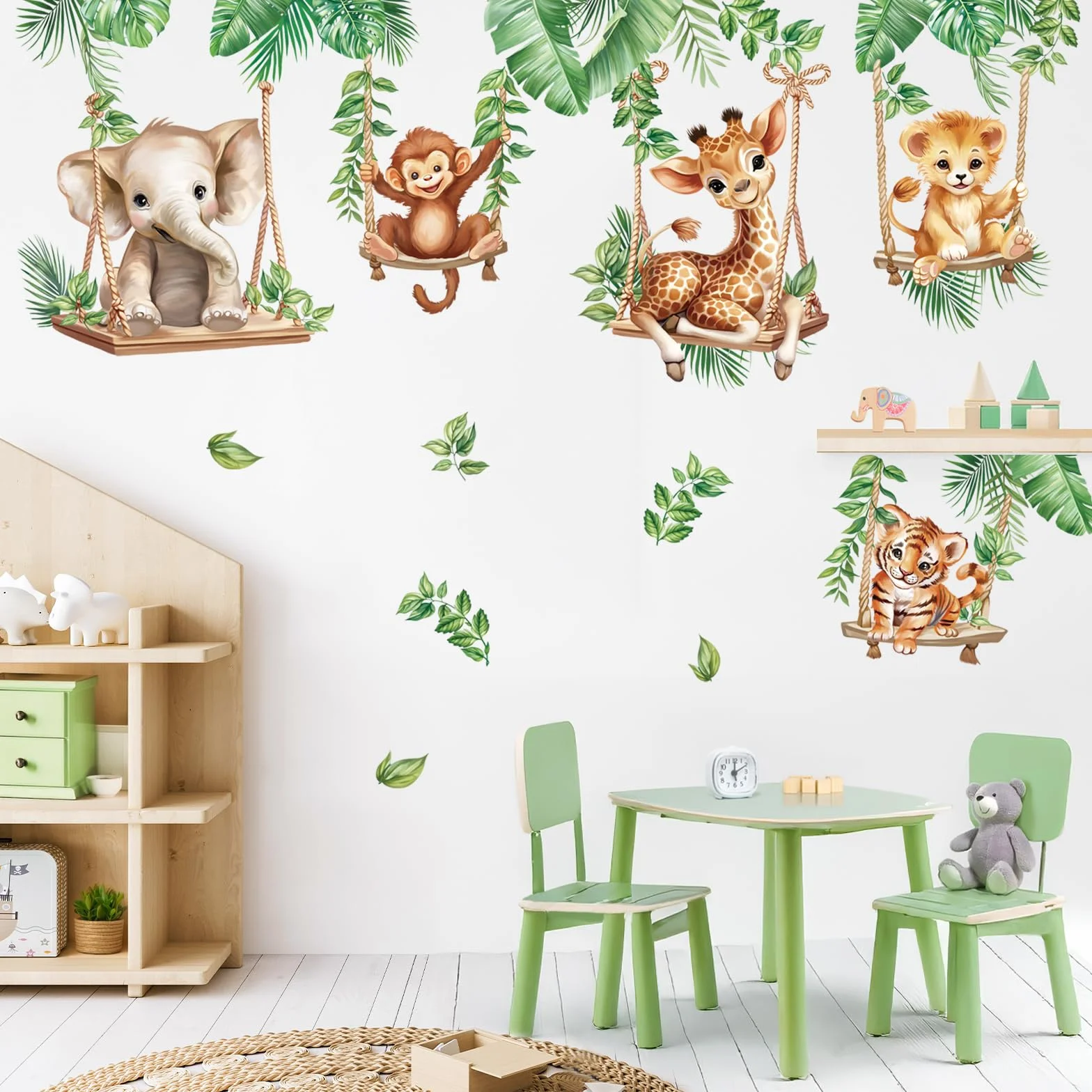 wondever Autocollants Muraux Animaux Jungle Tropical Éléphant Singe Lion pour Chambre Enfants