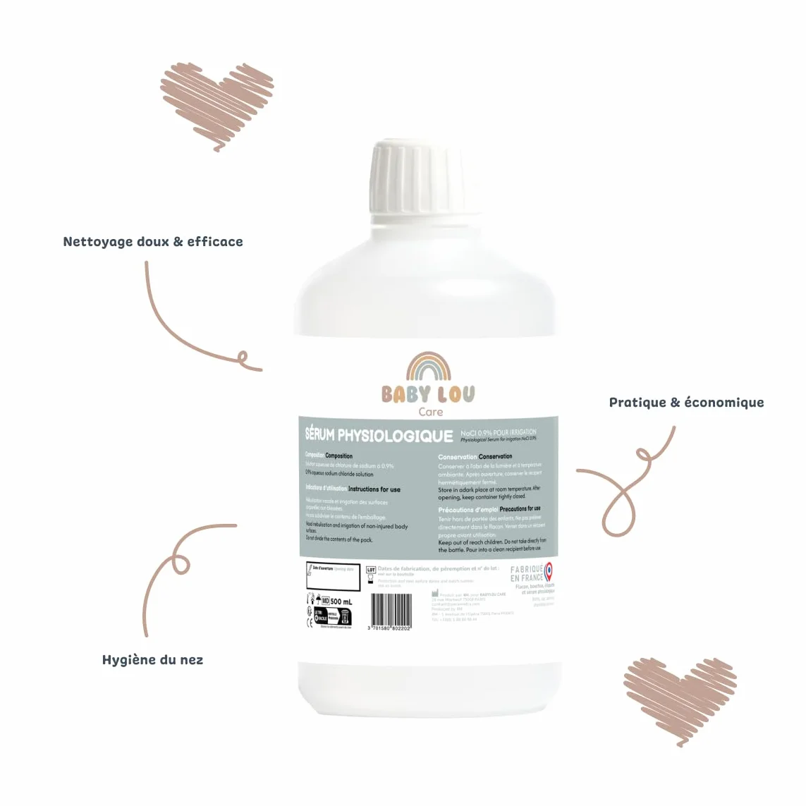 Sérum Physiologique 4x500 ml NaCl 0,9% Lavage des fosses nasales Hygiène du nez France