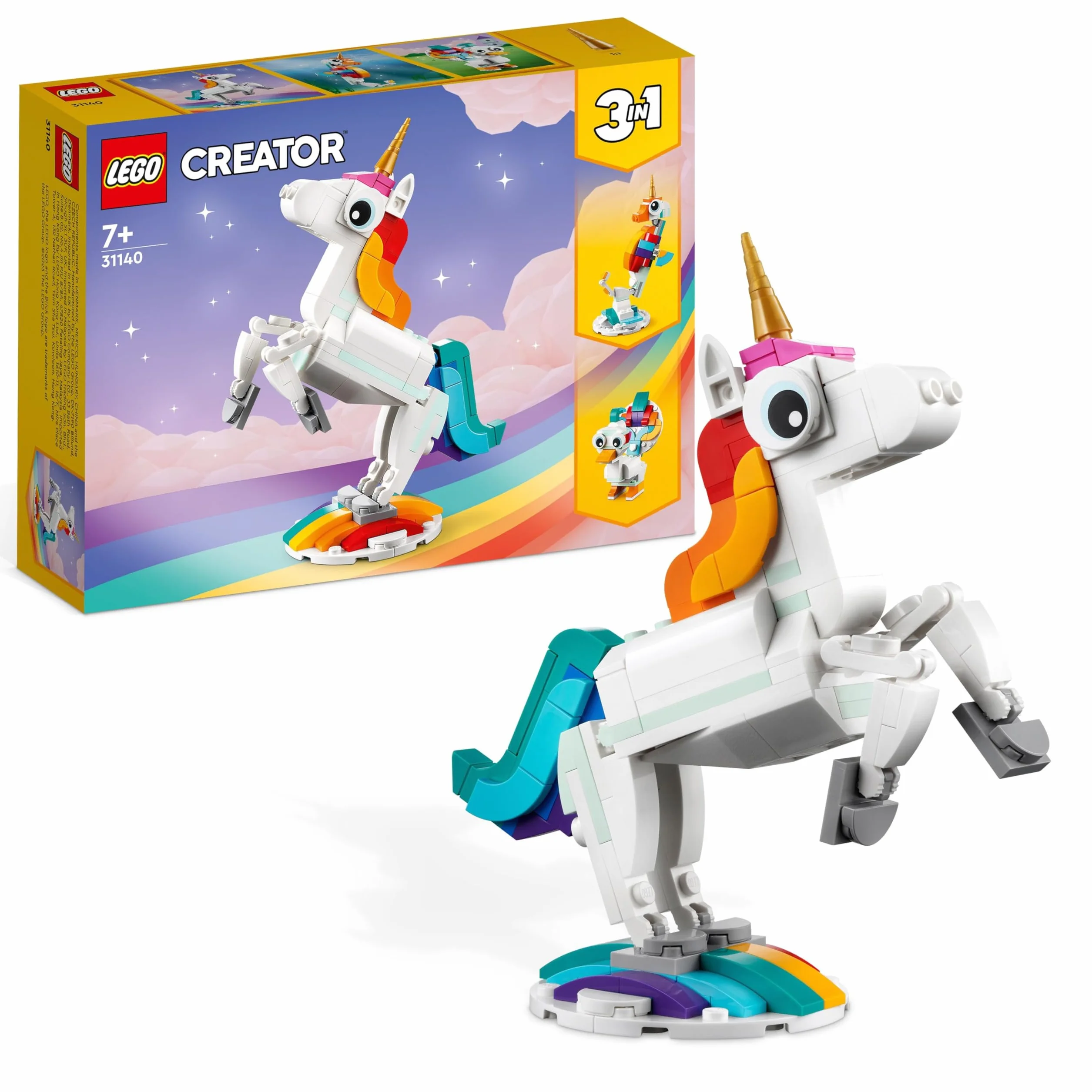 LEGO Creator 3-en-1 La Licorne Magique 31140 Jouet de Construction Figurine Animal Transformable Hippocampe Paon Cadeau 7 Ans
