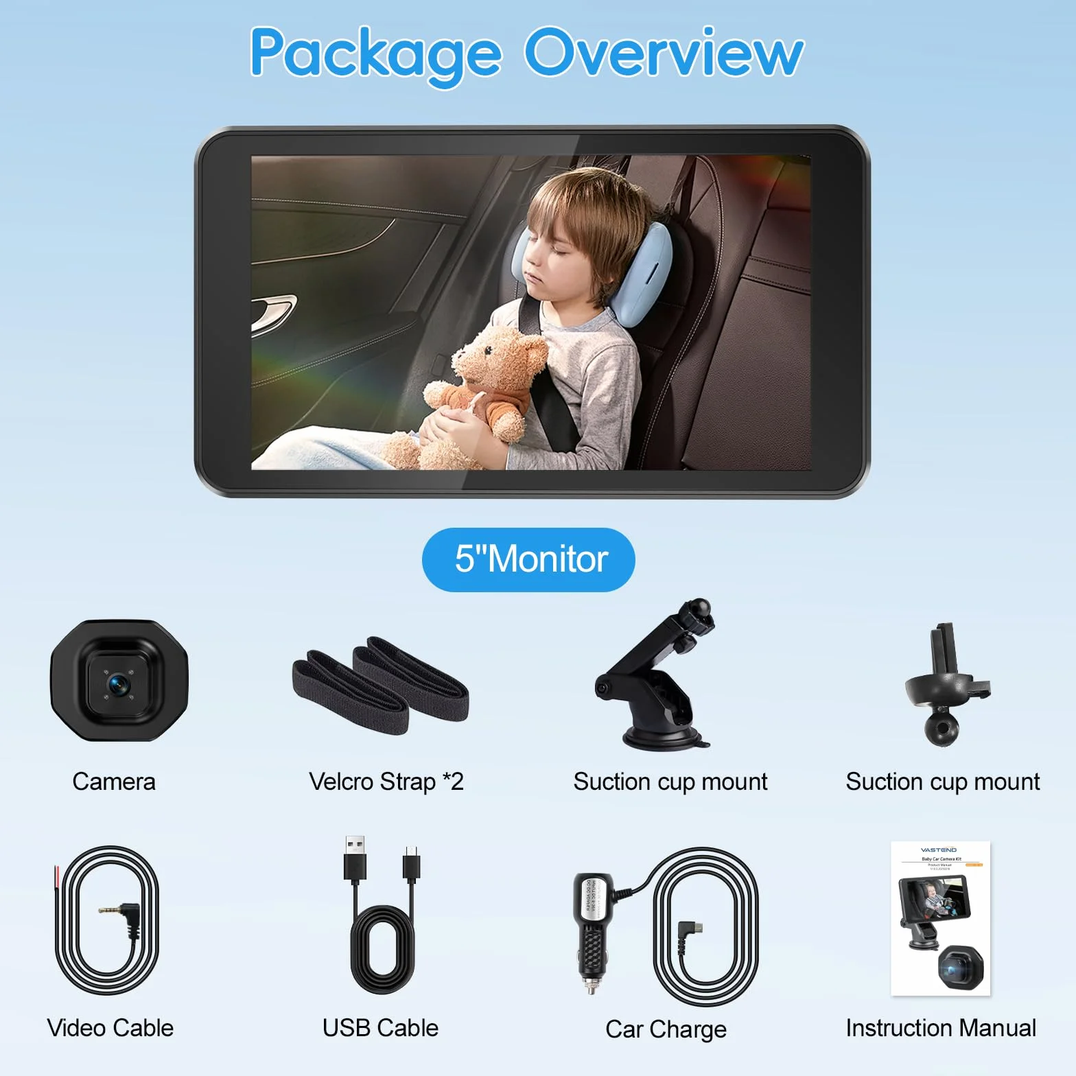 Caméra de Voiture pour Bébé 5" 1080P Vision Nocturne 170° Large Vision Moniteur Retroviseur