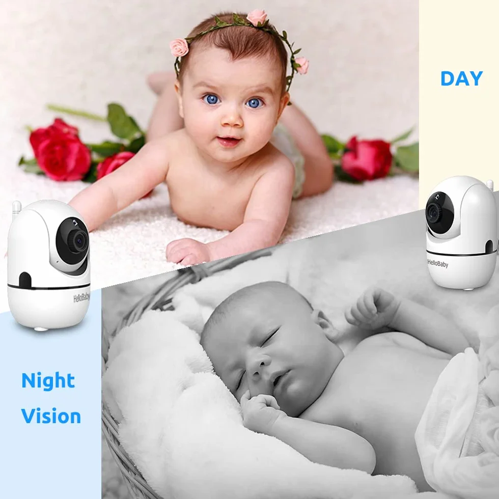 HelloBaby Moniteur bébé 12,7 cm Batterie 26 Heures 2 caméras Zoom Vidéo Audio Portée 304,8 m sans WiFi VOX Vision Nocturne Conversation bidirectionnelle 8 Langues