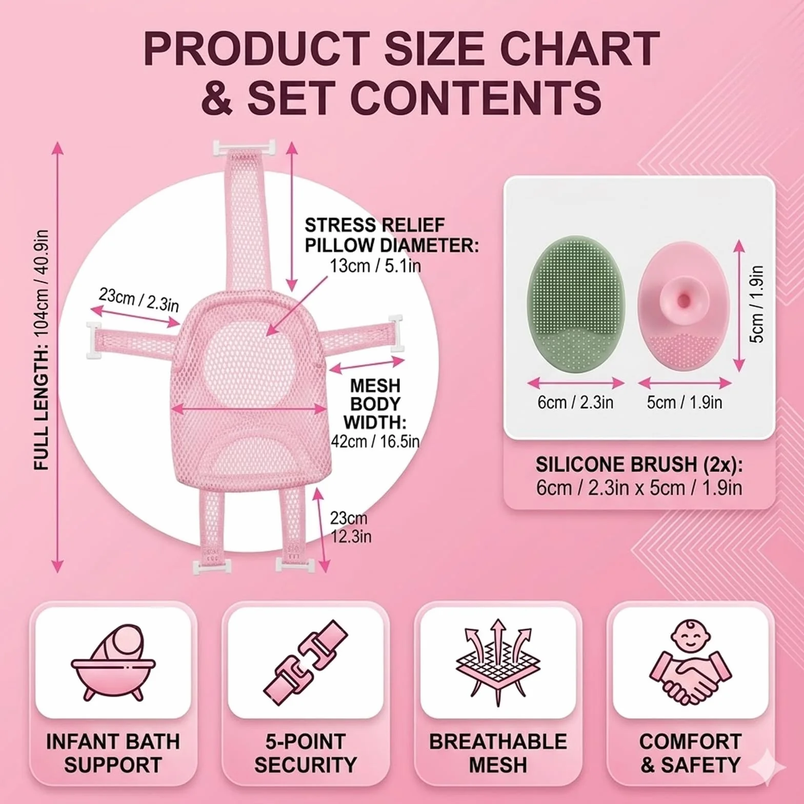 Hamac de Bain Antidérapant pour Bébé Pliable et Portable avec Deux Brosses à Shampooing (Rose)