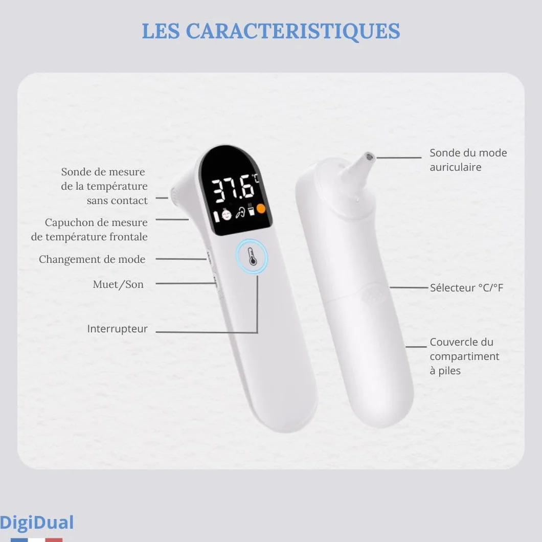 DigiDual Thermomètre Infrarouge Médical Auriculaire et Sans Contact Certifié CE IEC 60601-1 Précis Rapide