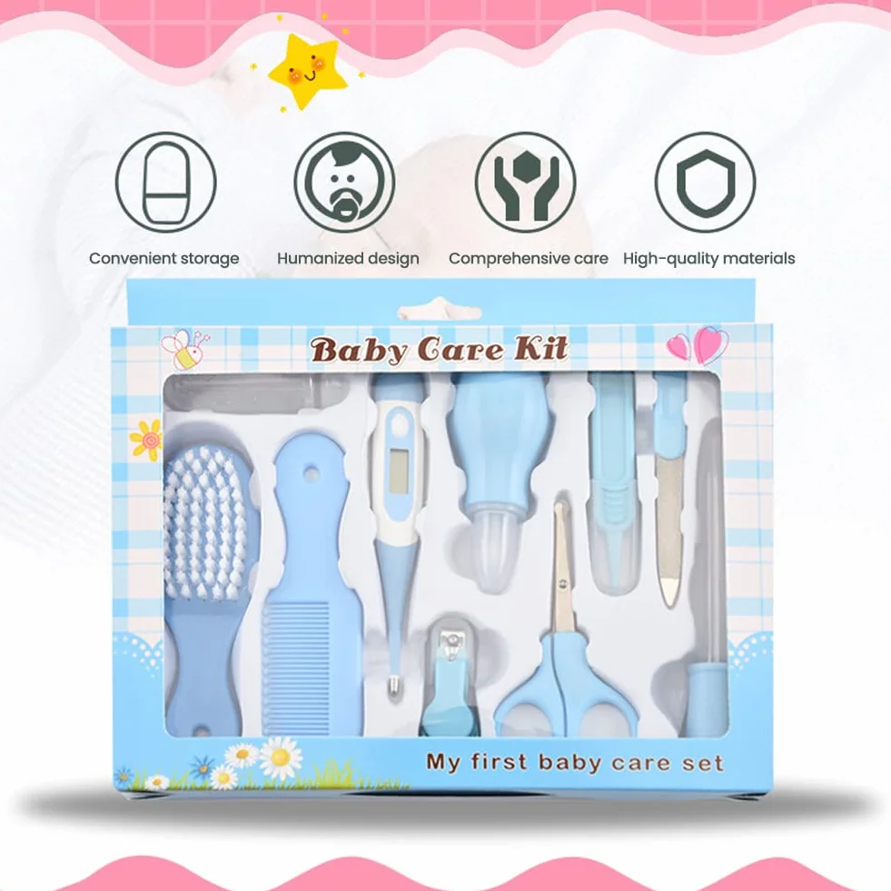 Kit de soins pour bébé 10 pièces - Coupe-ongles ciseaux brosse peigne nettoyeur corps et nez