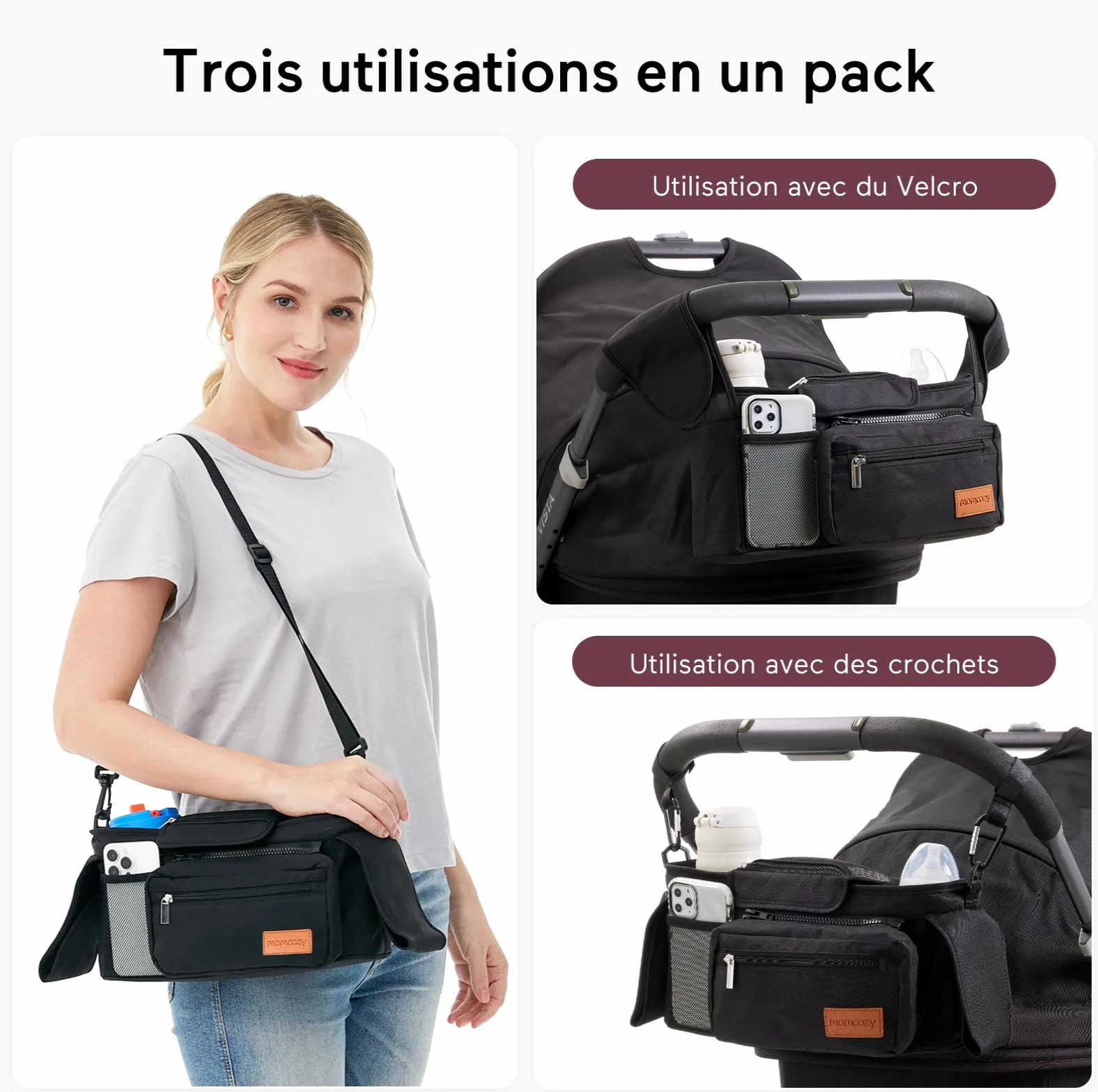 Momcozy Organisateur de Poussette avec 2 Porte-Gobelets Isolés, Sac de Rangement Universel Noir