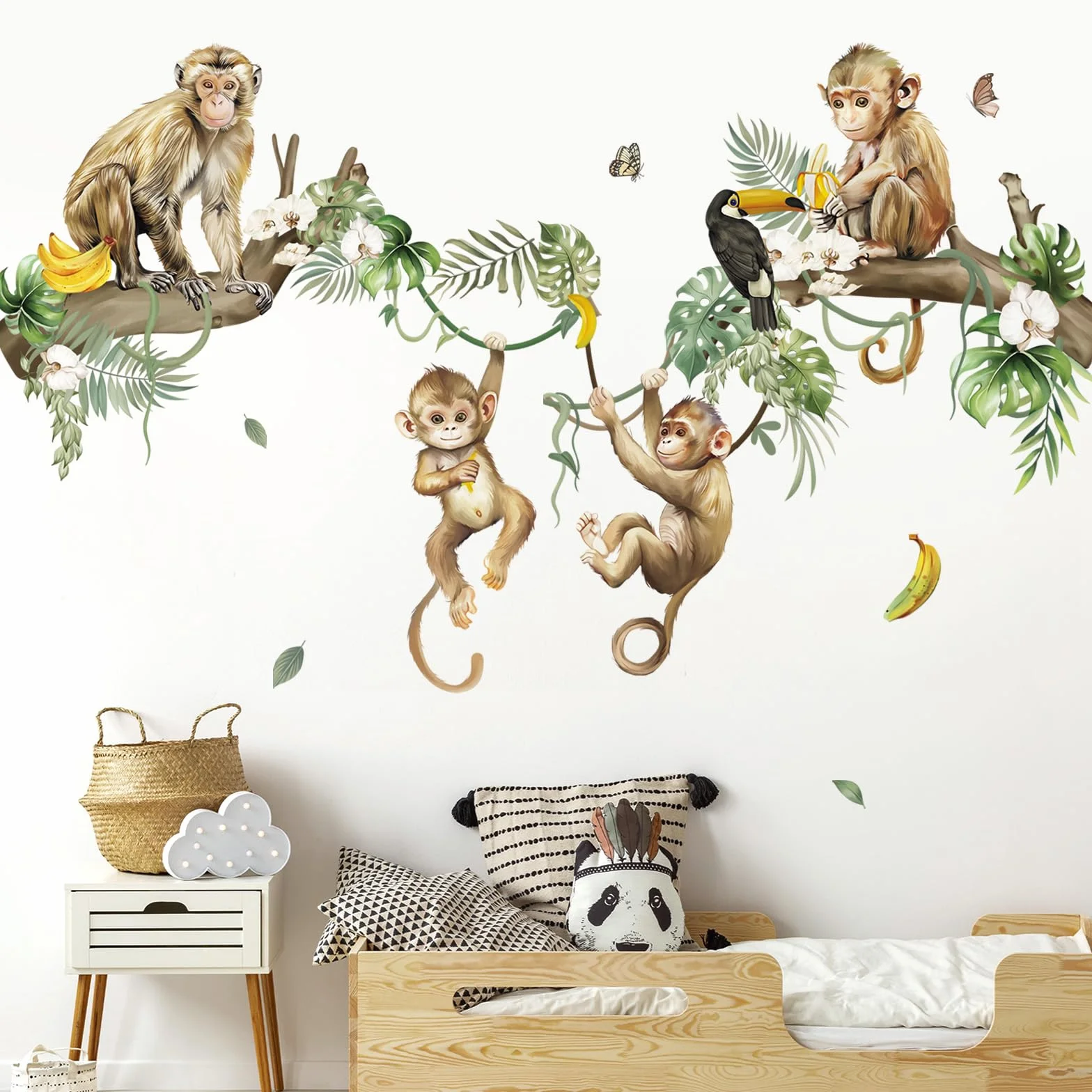Decalmile Autocollant Mural Animaux Sauvages Singe Jungle Arbre Branche Décoration Murale Chambre Enfants