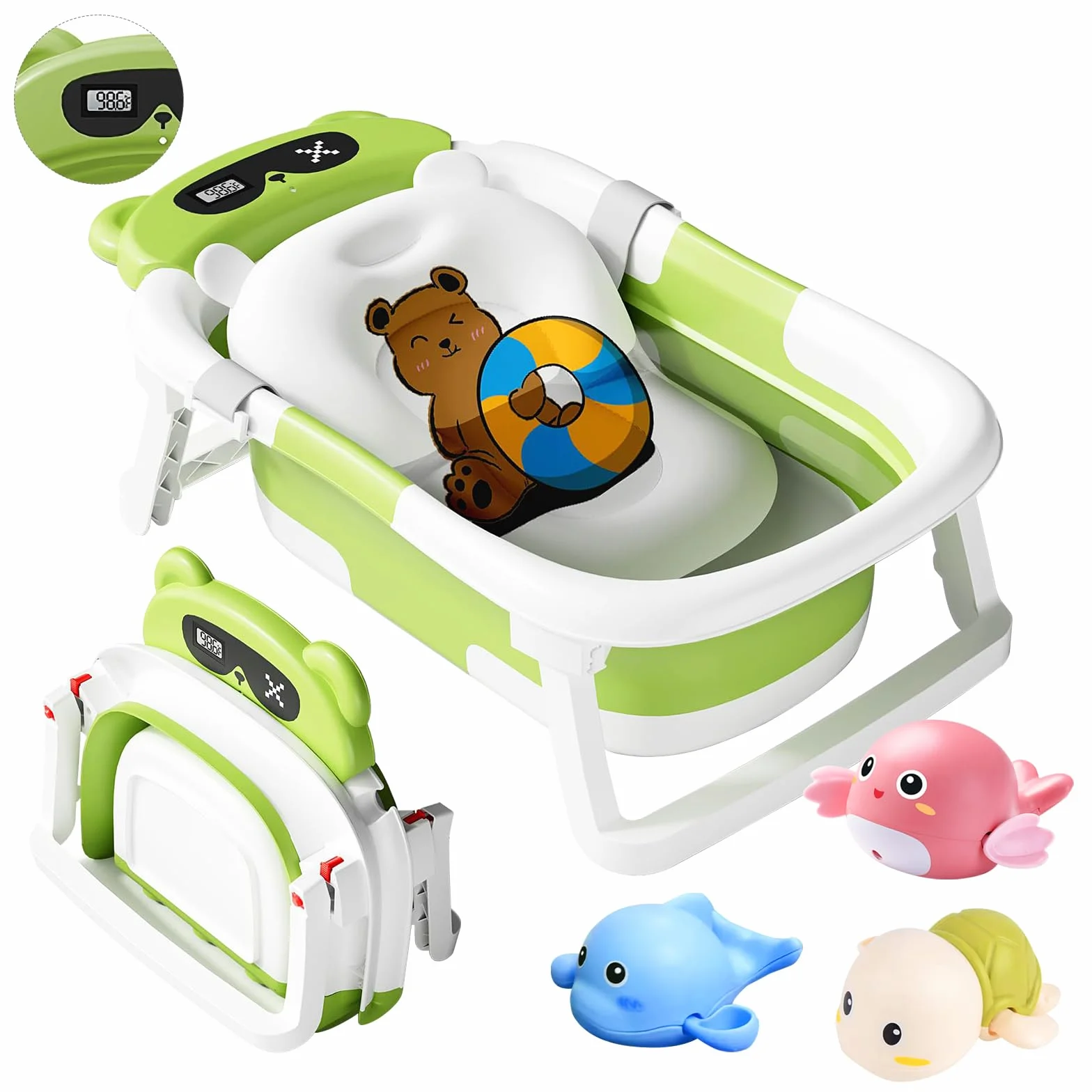 Baignoire Bébé Pliable avec Coussin de Bain et Thermomètre Intégré, Bouchon d'Évacuation, Vert Ours