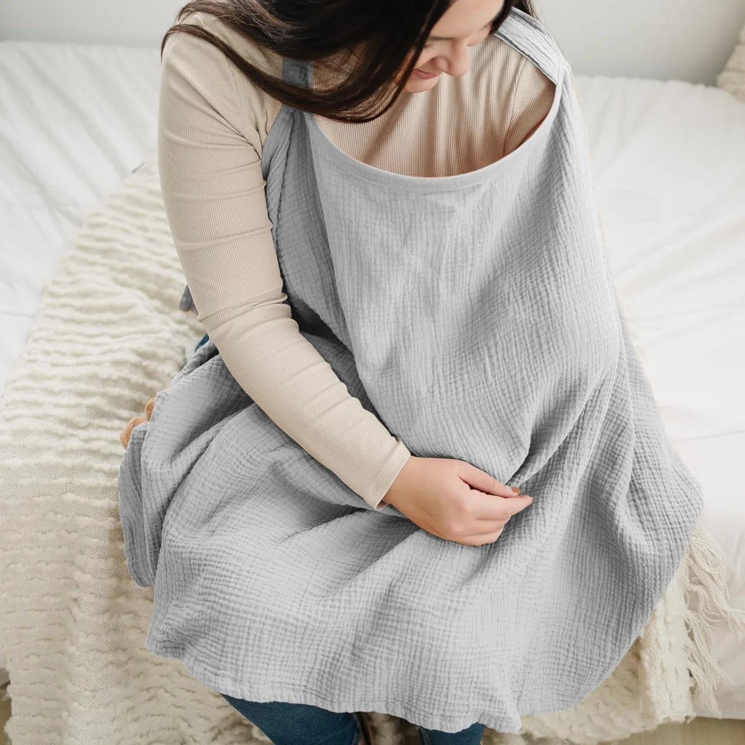 Housse d'allaitement en mousseline de coton avec sangle réglable, couverture légère pour extérieur (gris)