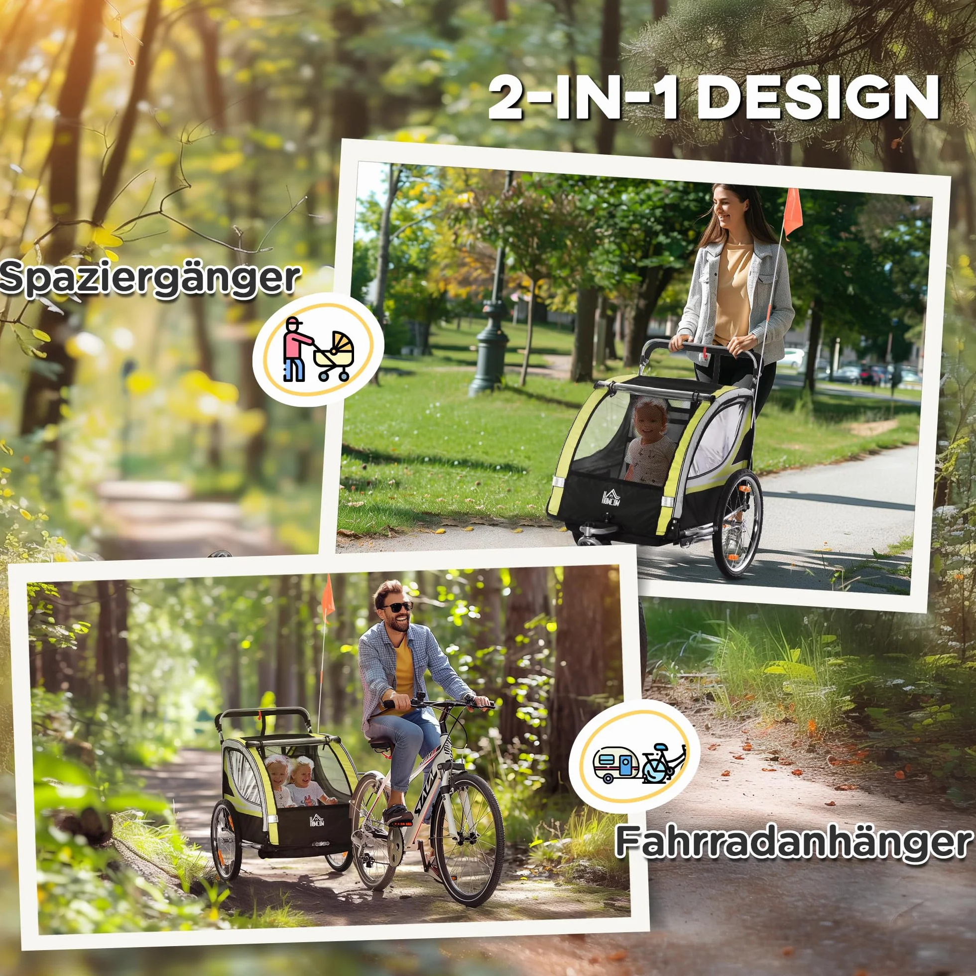 HOMCOM 2 in 1 Kinderfahrradanhänger mit Mesh-Tür, 360° Drehbares Vorderrad, Bremse, 142 x 75 x 101 cm