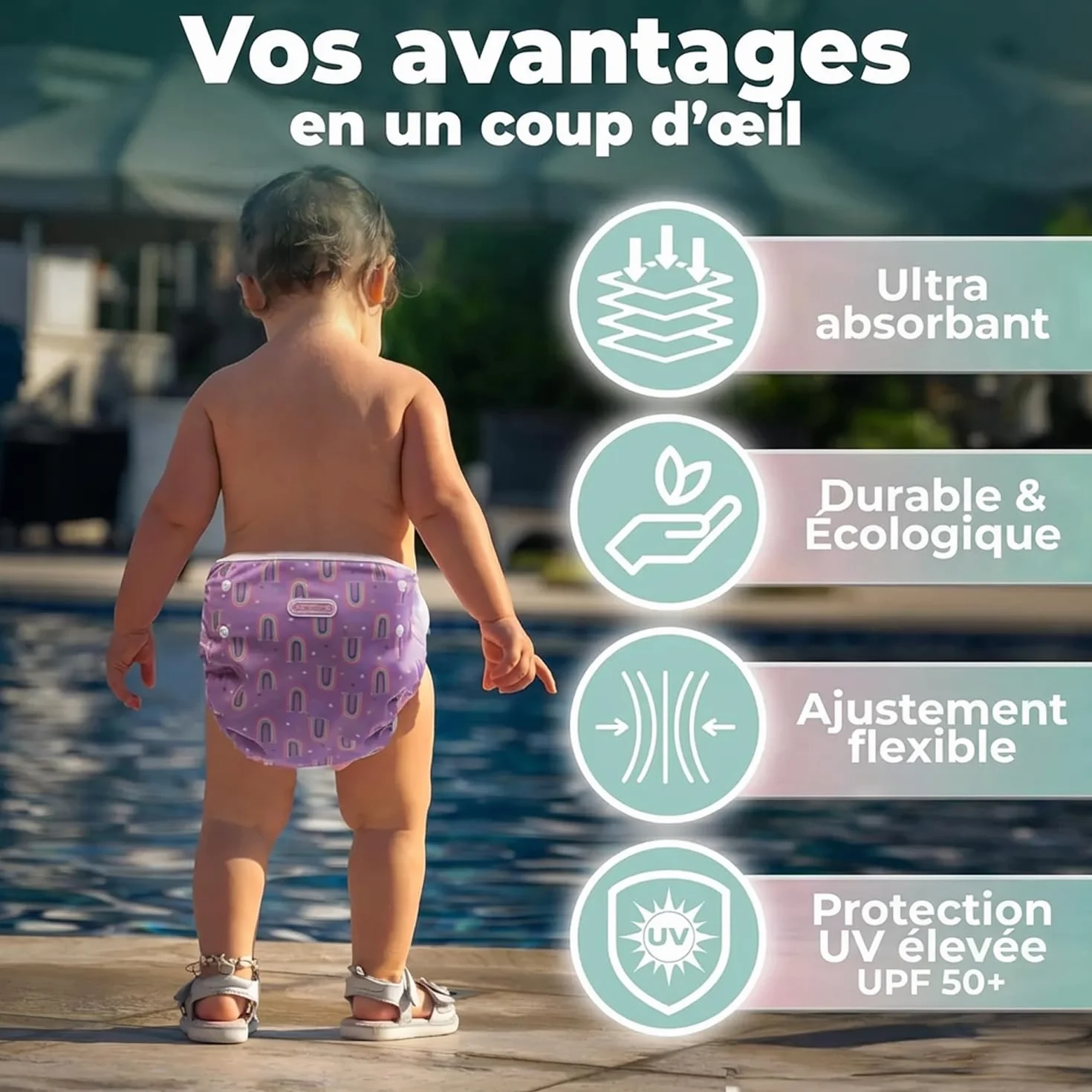 KIDVERSE Couche de Bain Bébé 0-3 Ans Réglable Réutilisable Lavable avec Pochette Fille Garçon