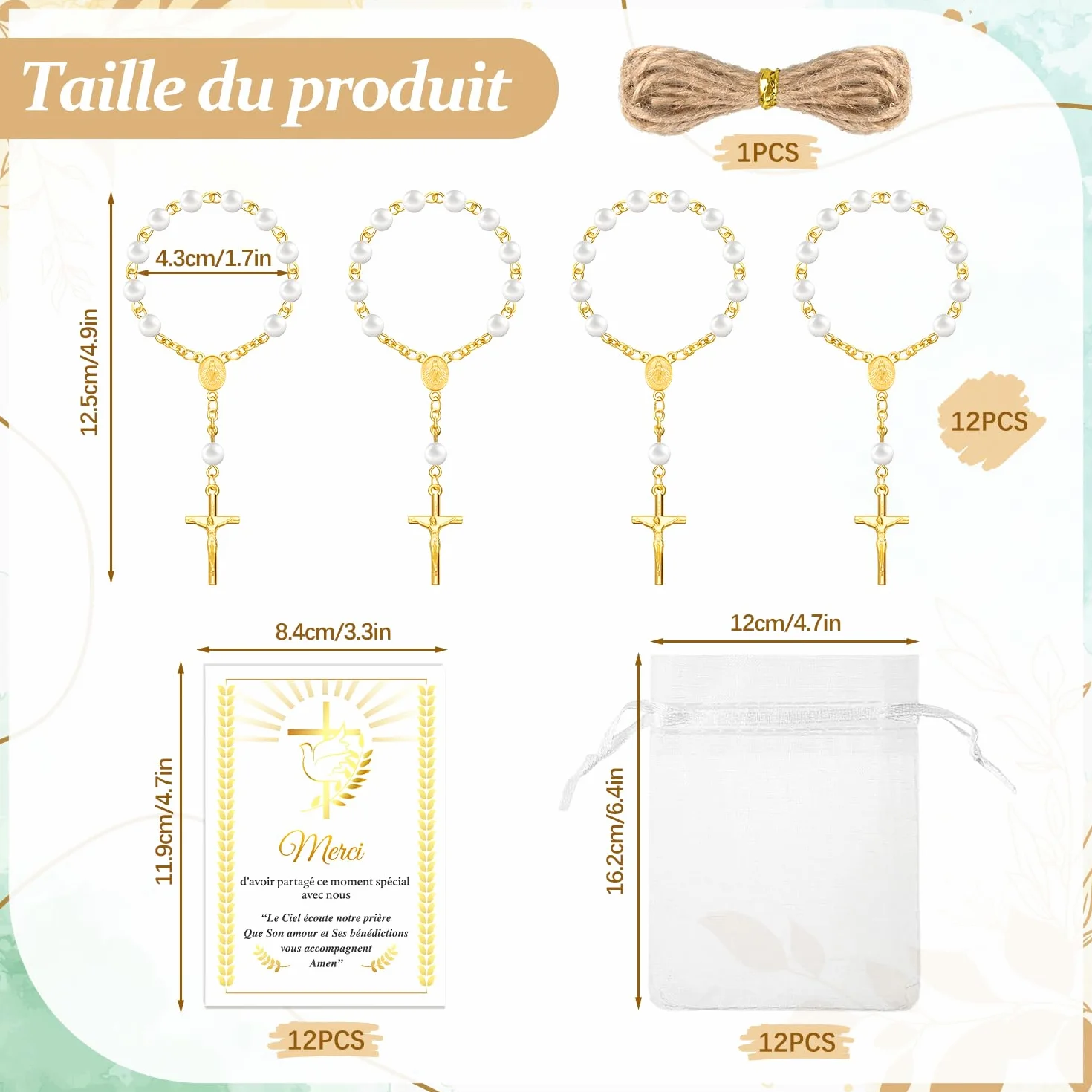 Chapelet en Acrylique Lot 12 Perles Carte Merci Sac Organza Cadeau Baptême Communion Mariage