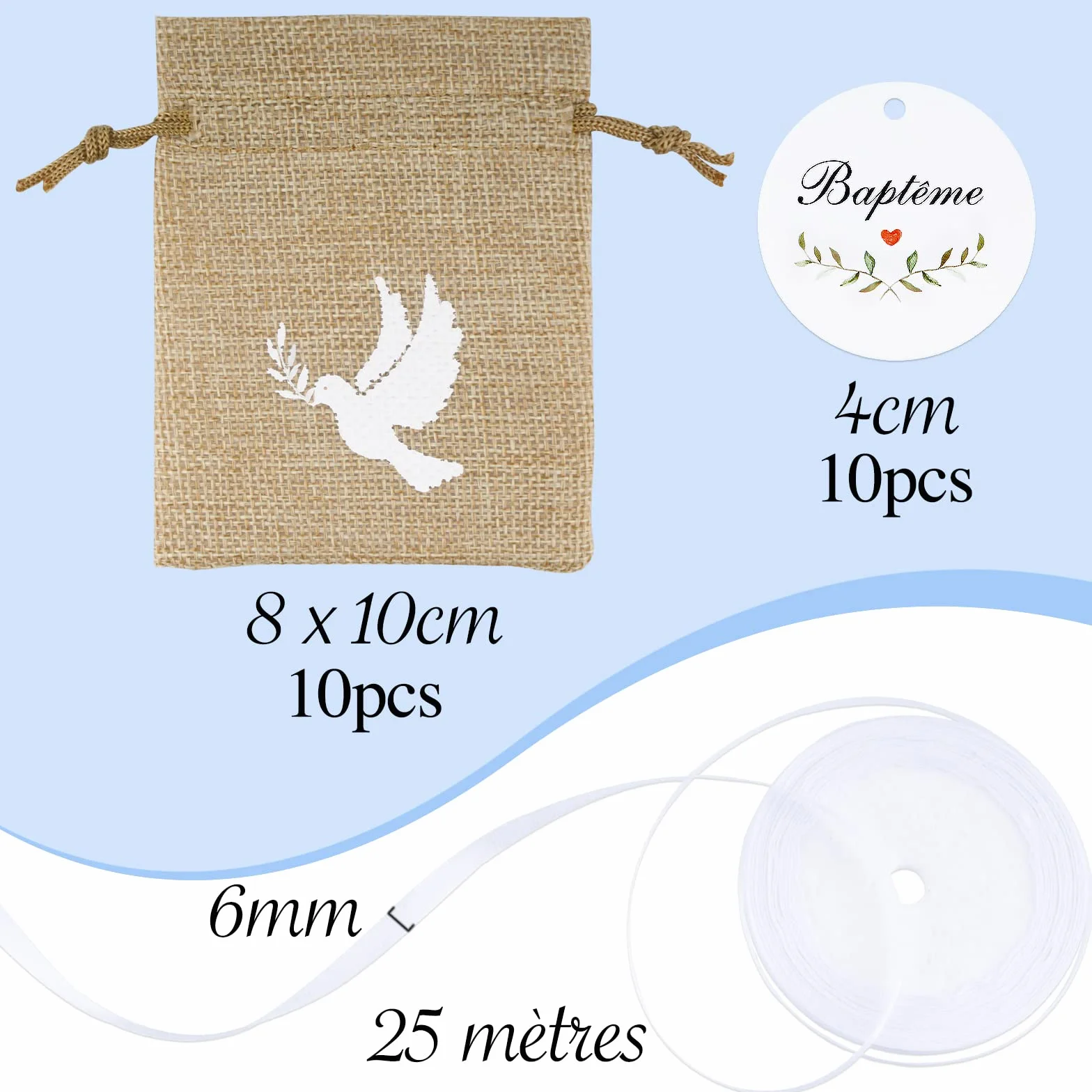 Sachet Jute Baptême Pochette Dragée Motif Colombe 10x8cm Cadeau Invité Décoration