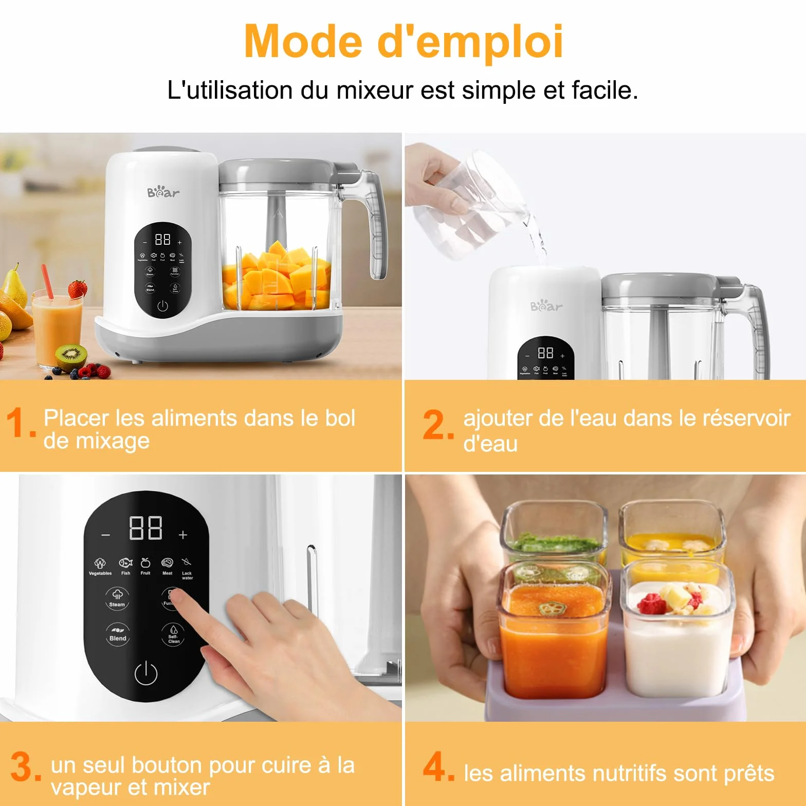 Bear Robot Cuiseur Mixeur pour Bébés 7-en-1, Cuisson automatique & Hachage, Autonettoyant, Blanc