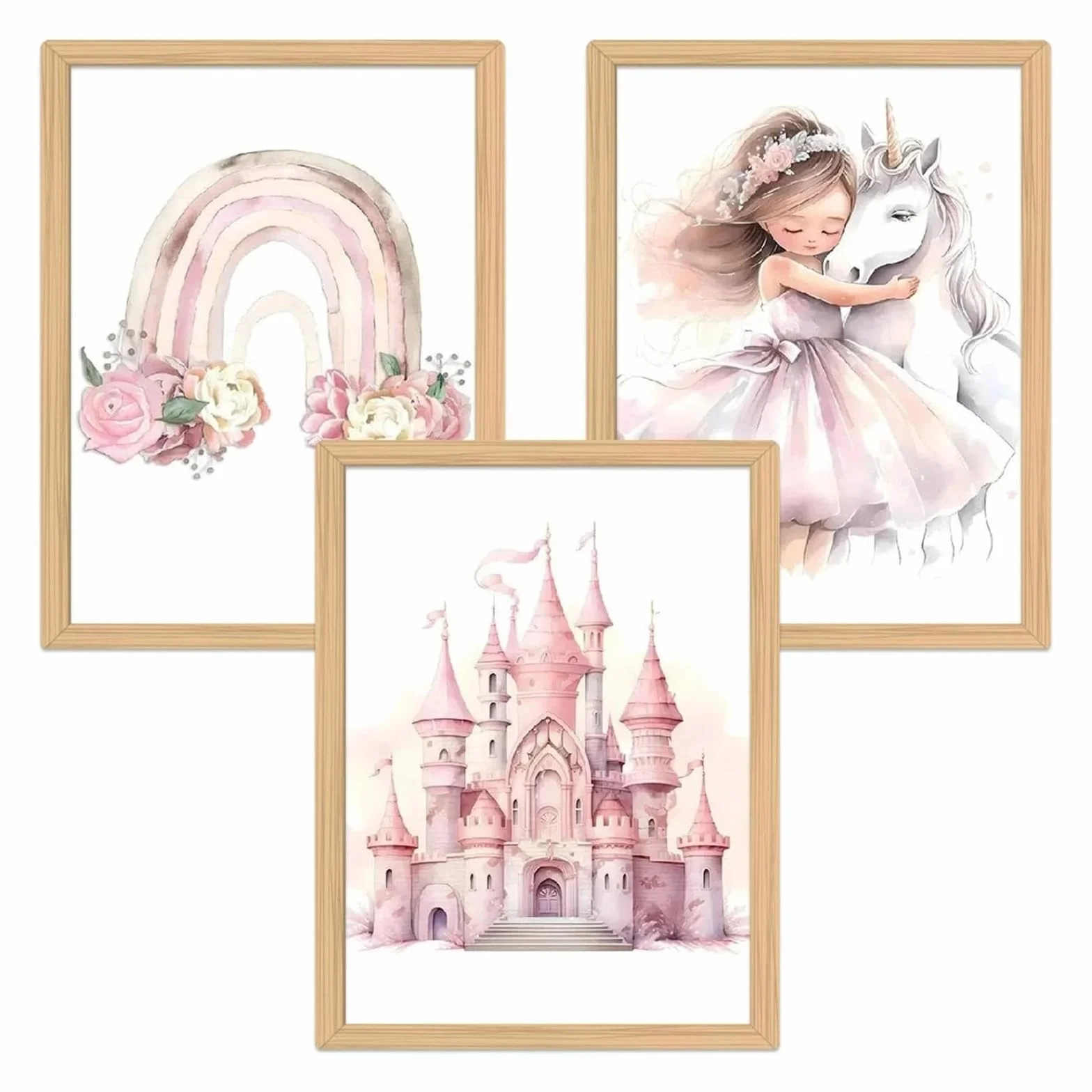 Affiche Chambre Filles 3 Pcs 30x40cm Poster Mural Licorne Princesse Arc-en-ciel Château Rose Toile Decoration Murale
