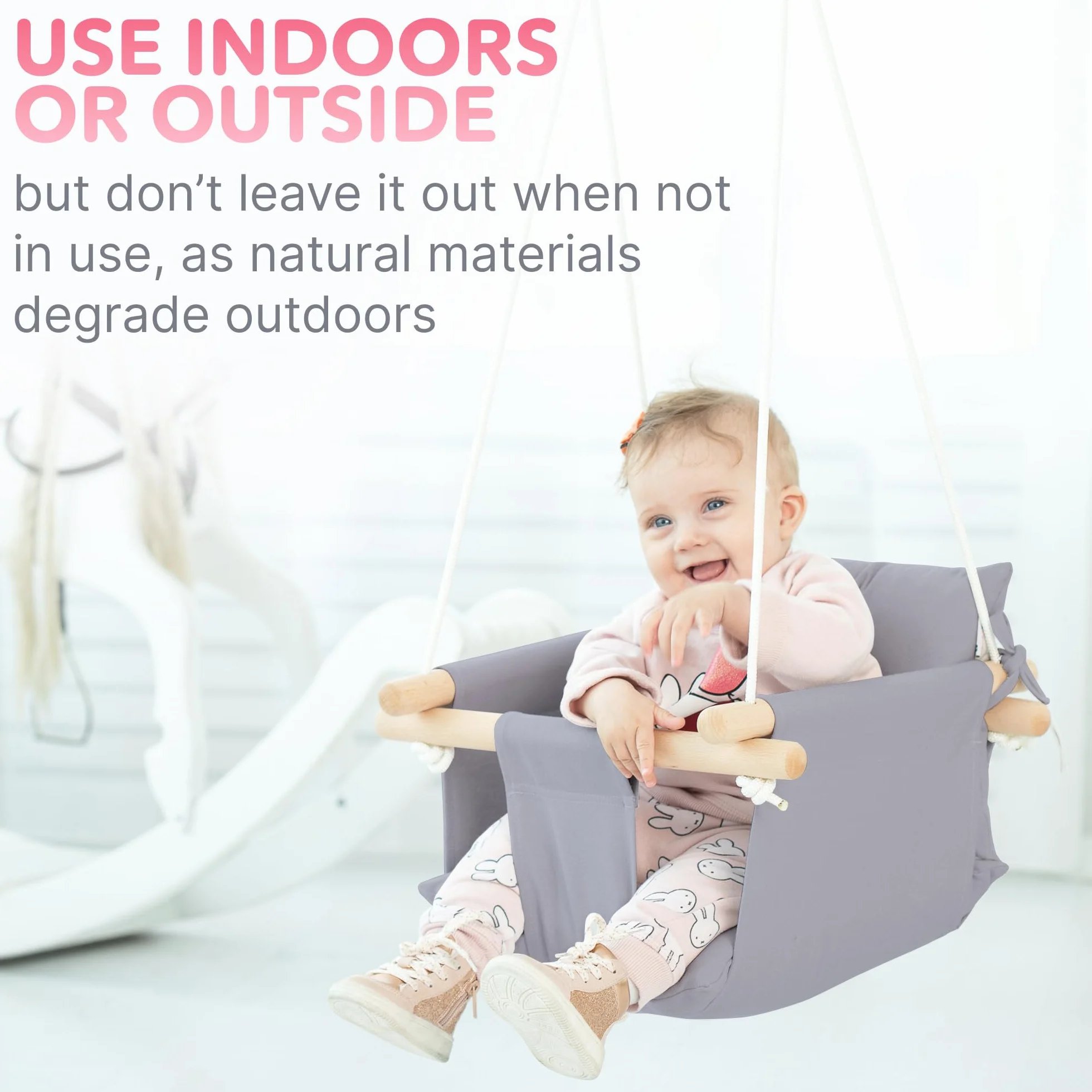 Balançoire pour bébé en Toile Suspendue en Bois avec Ceinture de sécurité Chaise hamac Durable Gris Taupe
