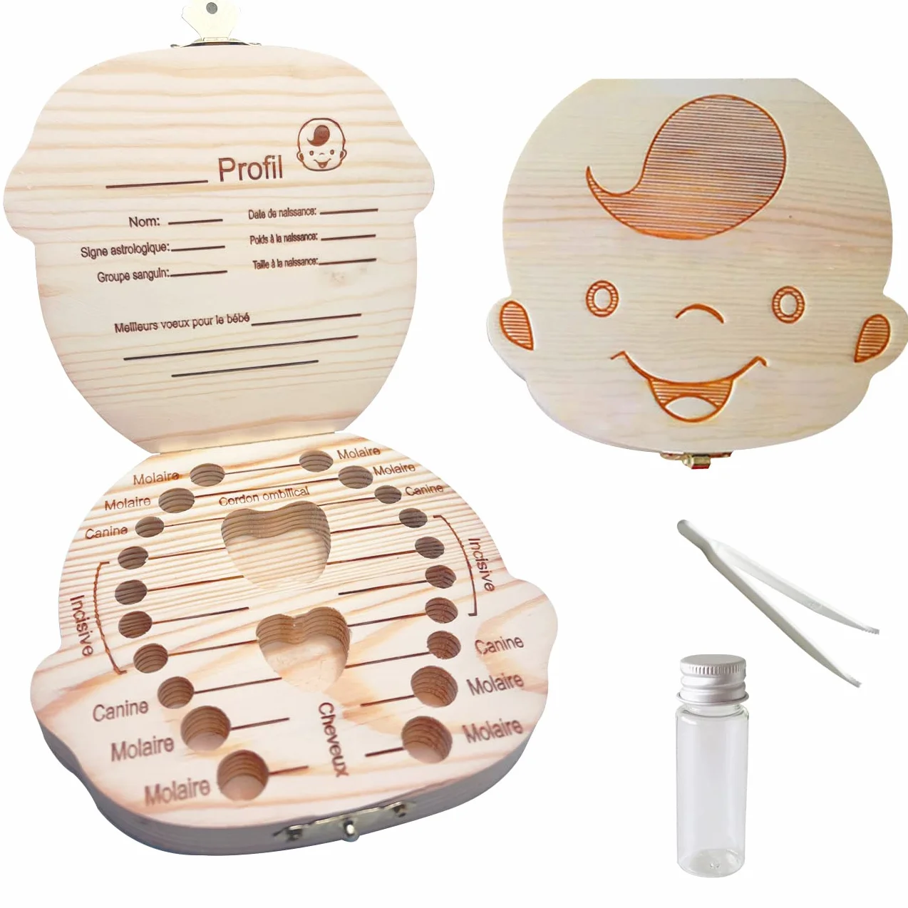 Boîte à Dents de Lait en Bois avec Étiquette Française, Coffret Souvenir pour Bébé Fille