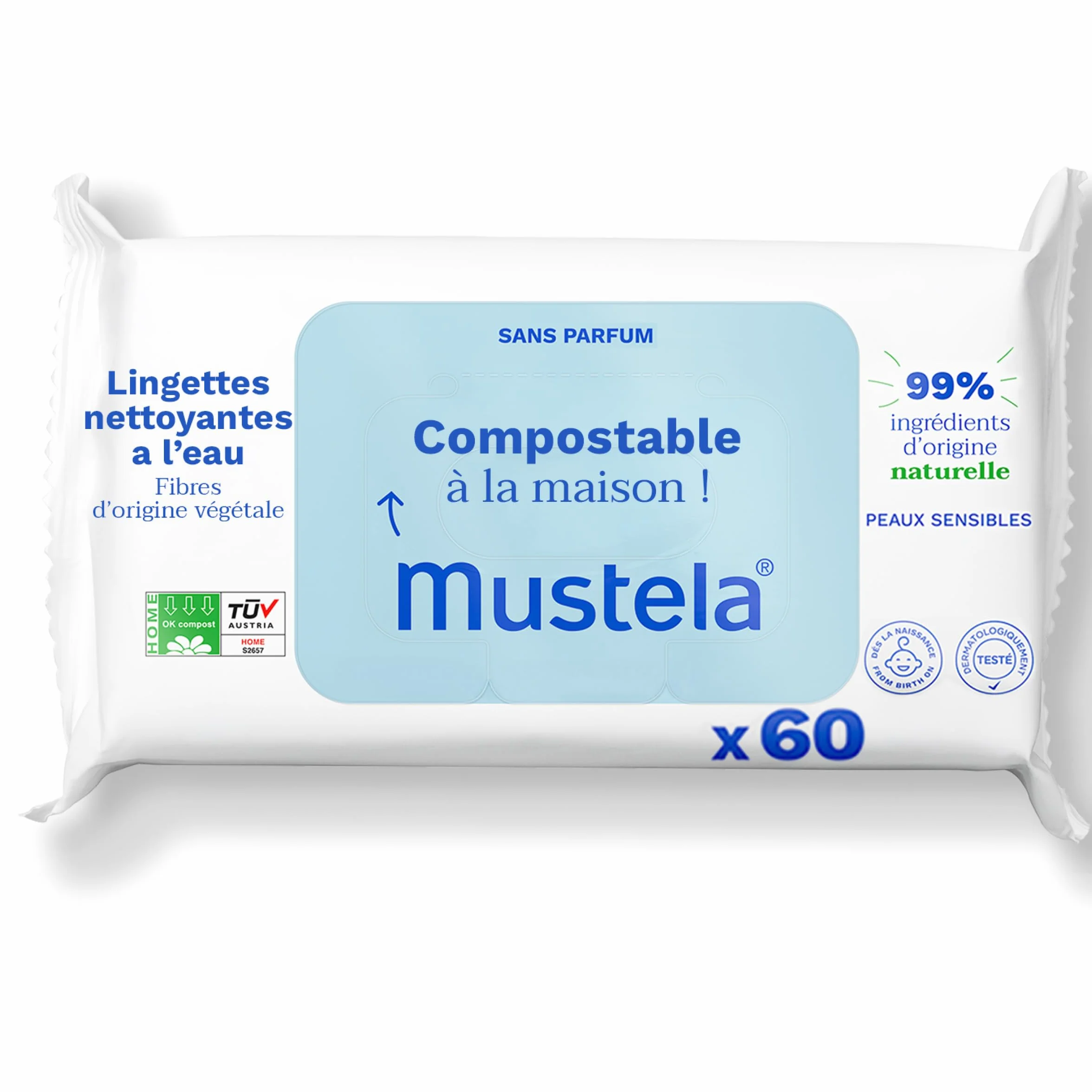 Mustela Lingettes Nettoyantes à l'Eau Compostables Bébé Visage Mains Siège 99% Ingrédients Naturelles Sans Parfum
