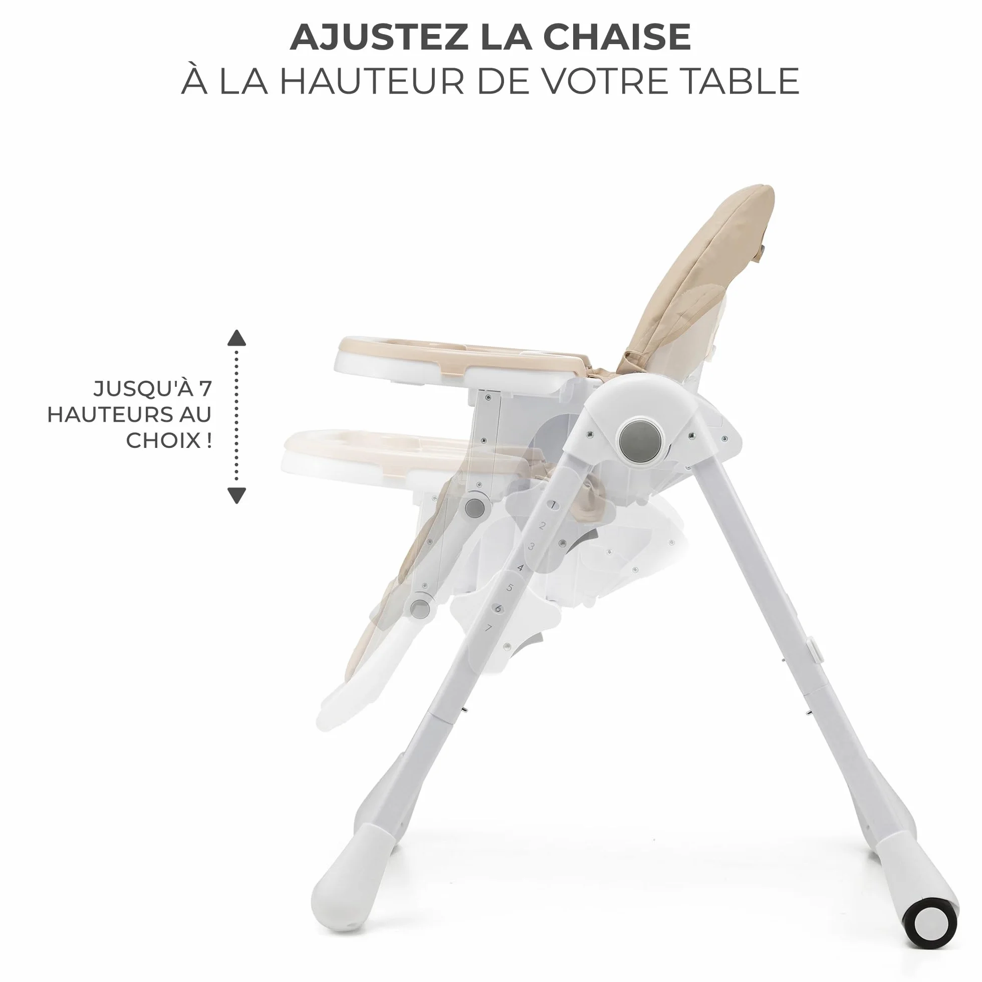 Kinderkraft TUMMIE Chaise Haute 2 en 1 Ergonomique Pliable avec Hauteur Réglable Beige