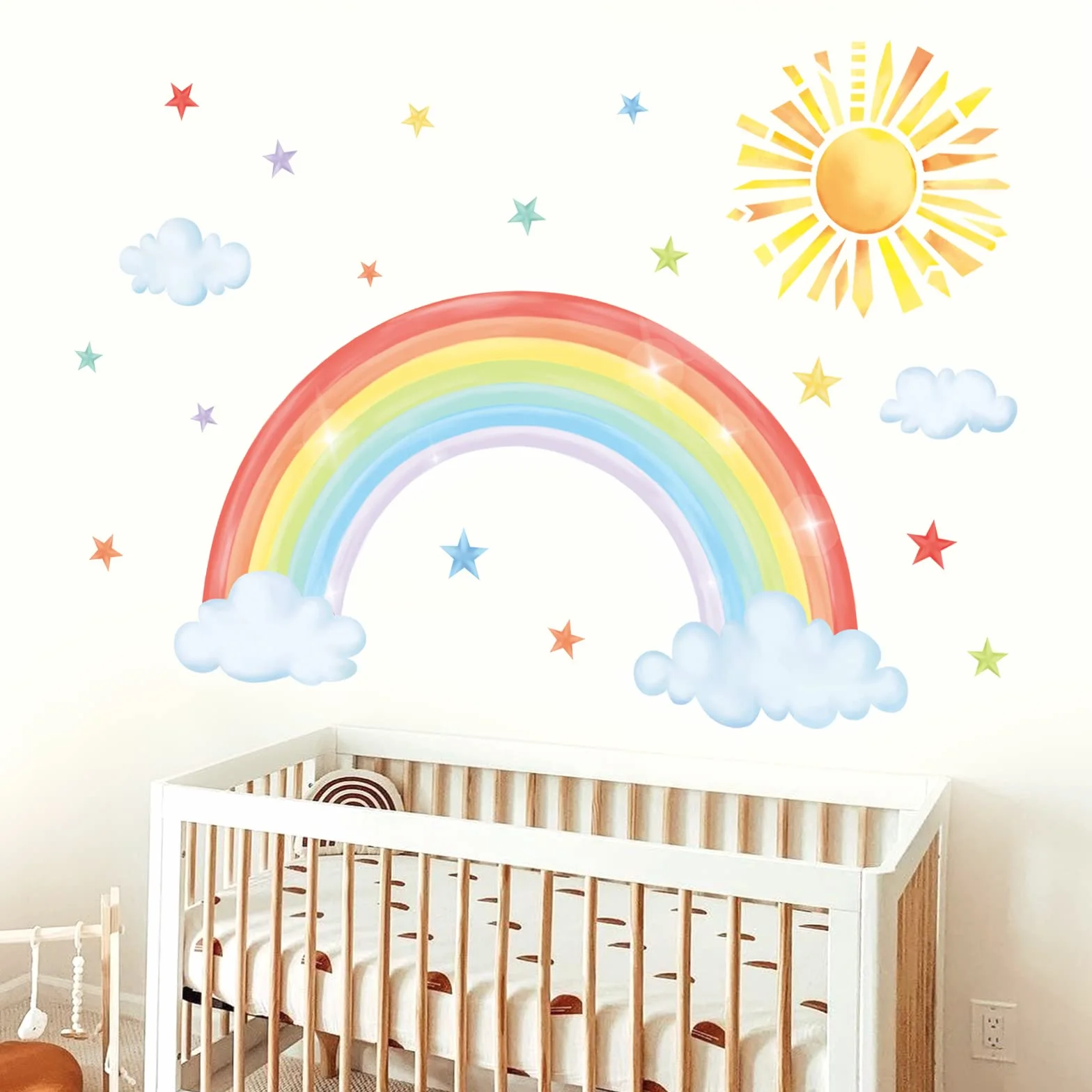 Stickers Muraux Arc en Ciel Grand Autocollant Mural Soleil Nuage Etoile Décoration Murale Chambre Enfants
