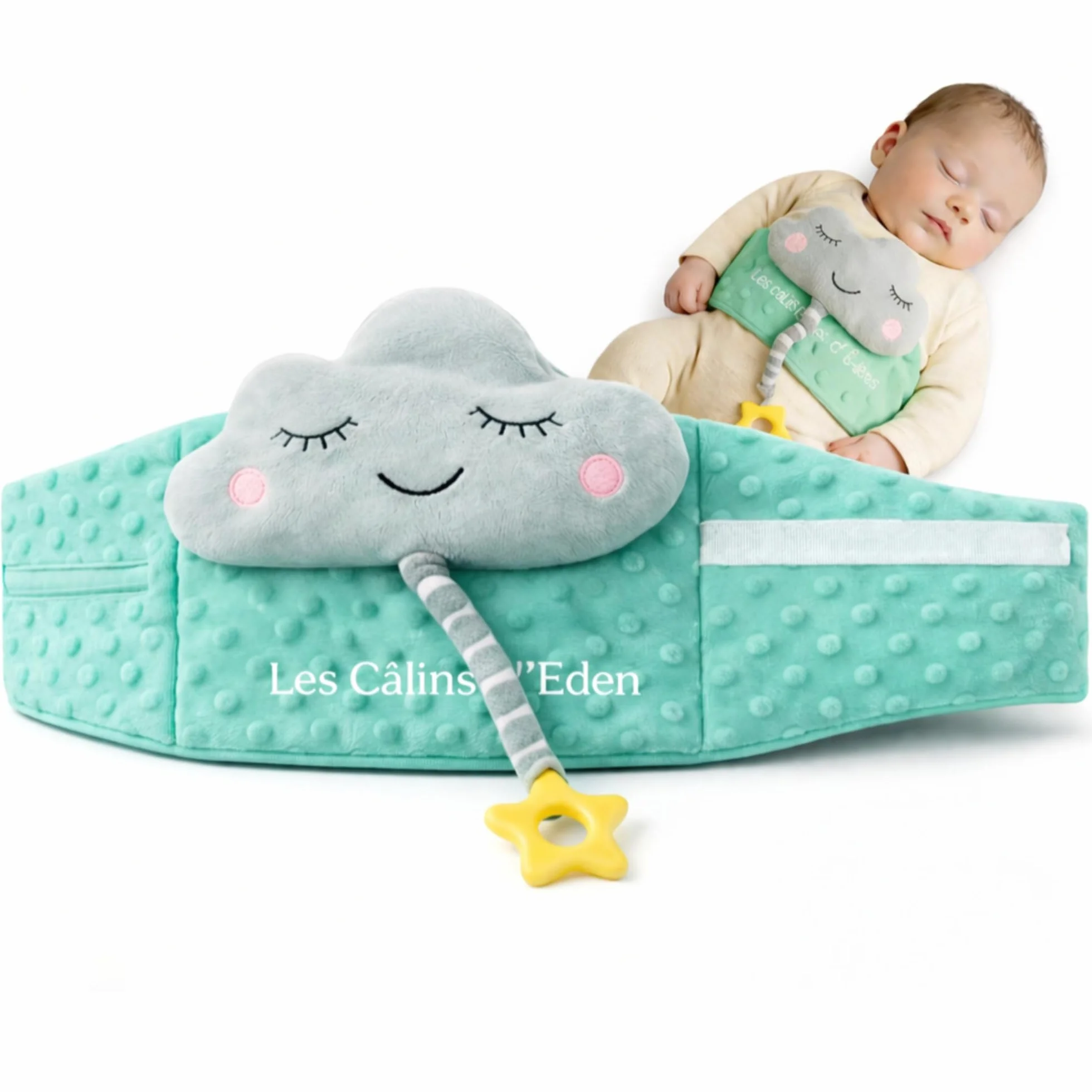 Ceinture bouillotte bébé anti-coliques poche gel chaud/froid doudou musical amovible anneau dentition silicone étoile housse satin Certifiée CE