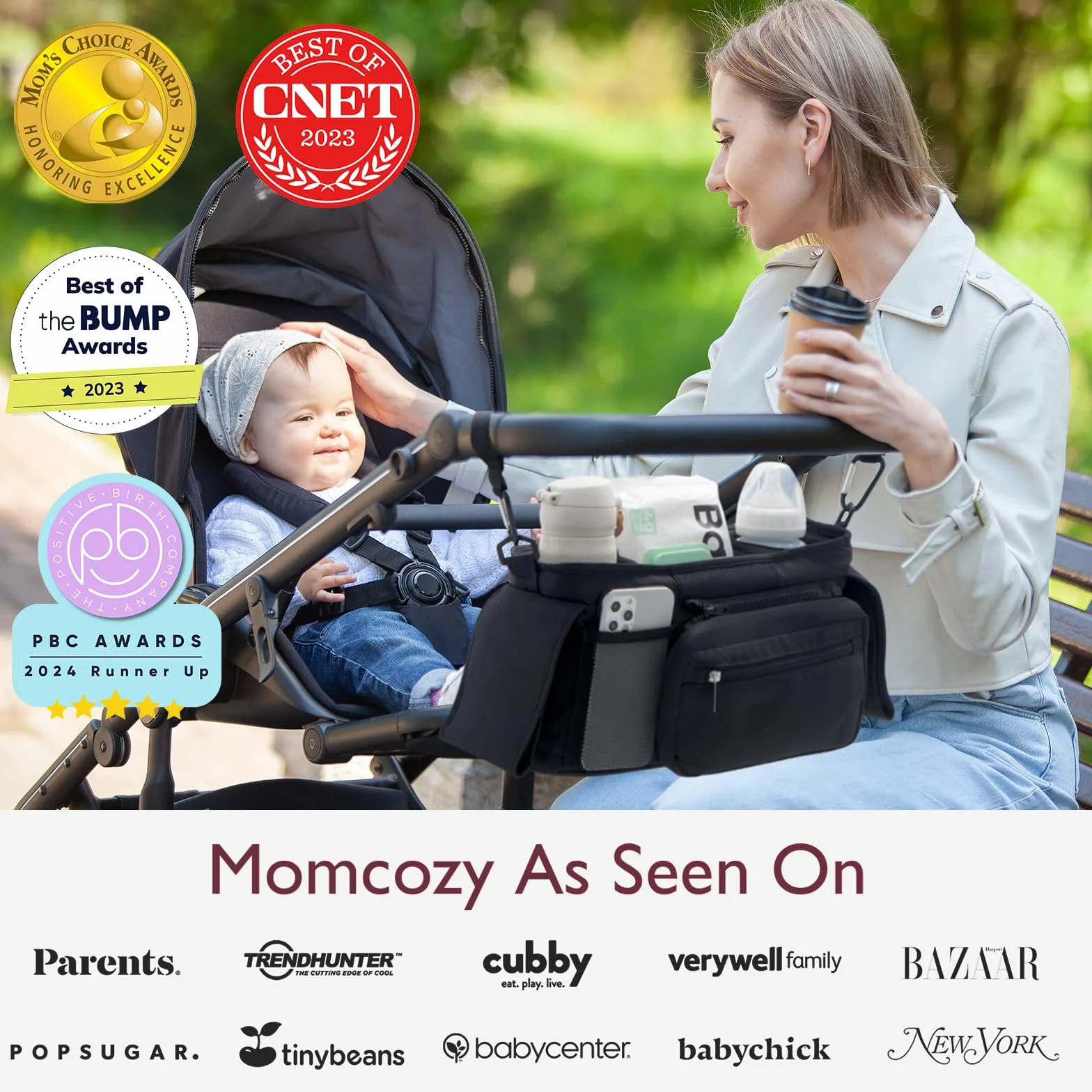 Momcozy Organisateur de Poussette avec 2 Porte-Gobelets Isolés, Sac de Rangement Universel Noir