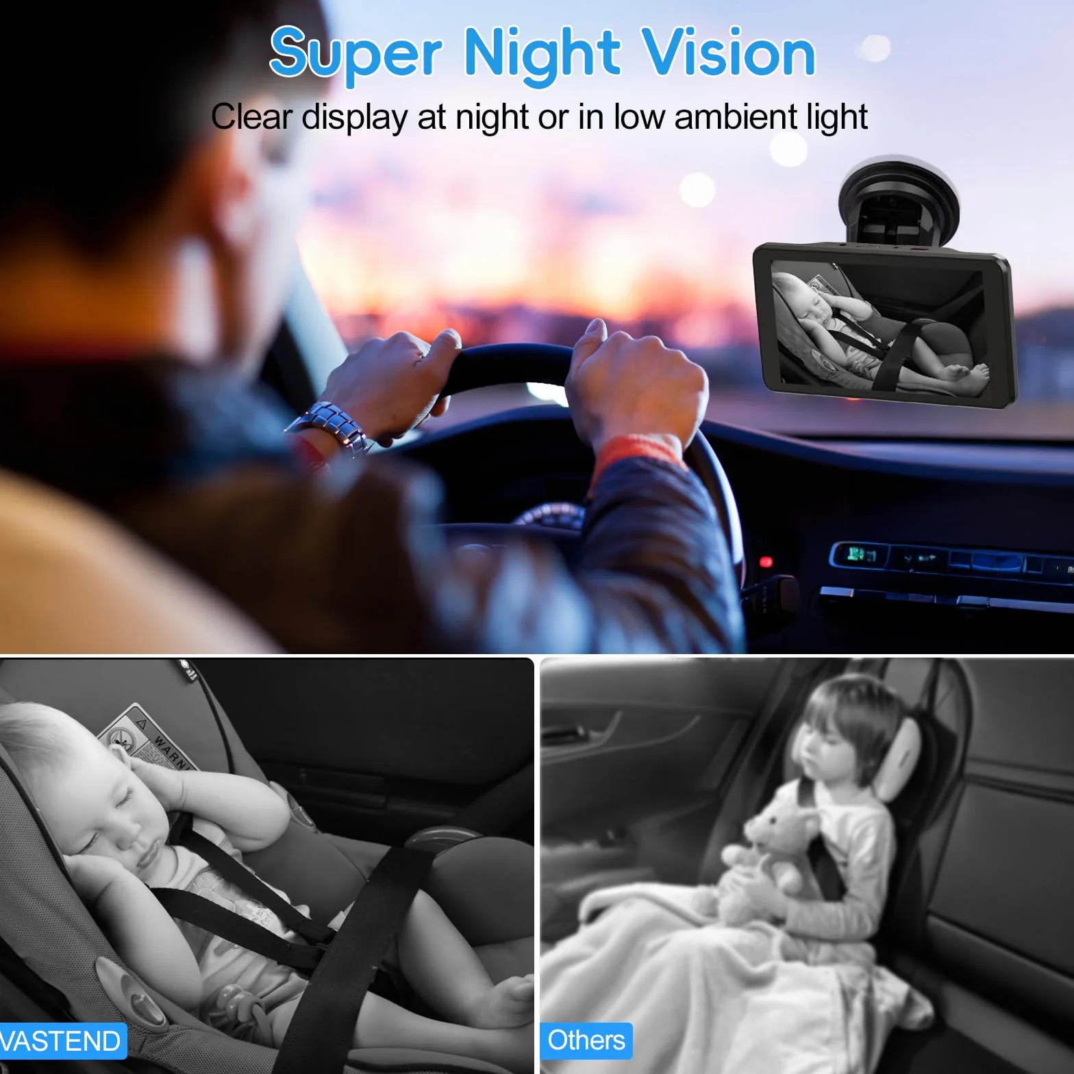 Caméra de Voiture pour Bébé 5" 1080P Vision Nocturne 170° Large Vision Moniteur Retroviseur