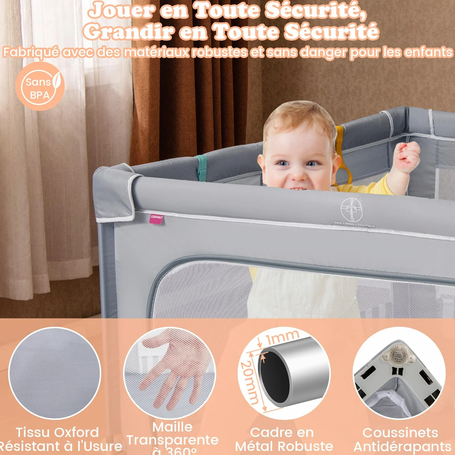 COSTWAY Parc Bébé Pliable 150x150x76,5 cm avec 50 Balles Océaniques, Filet Respirant, Portail Zippé, Gris