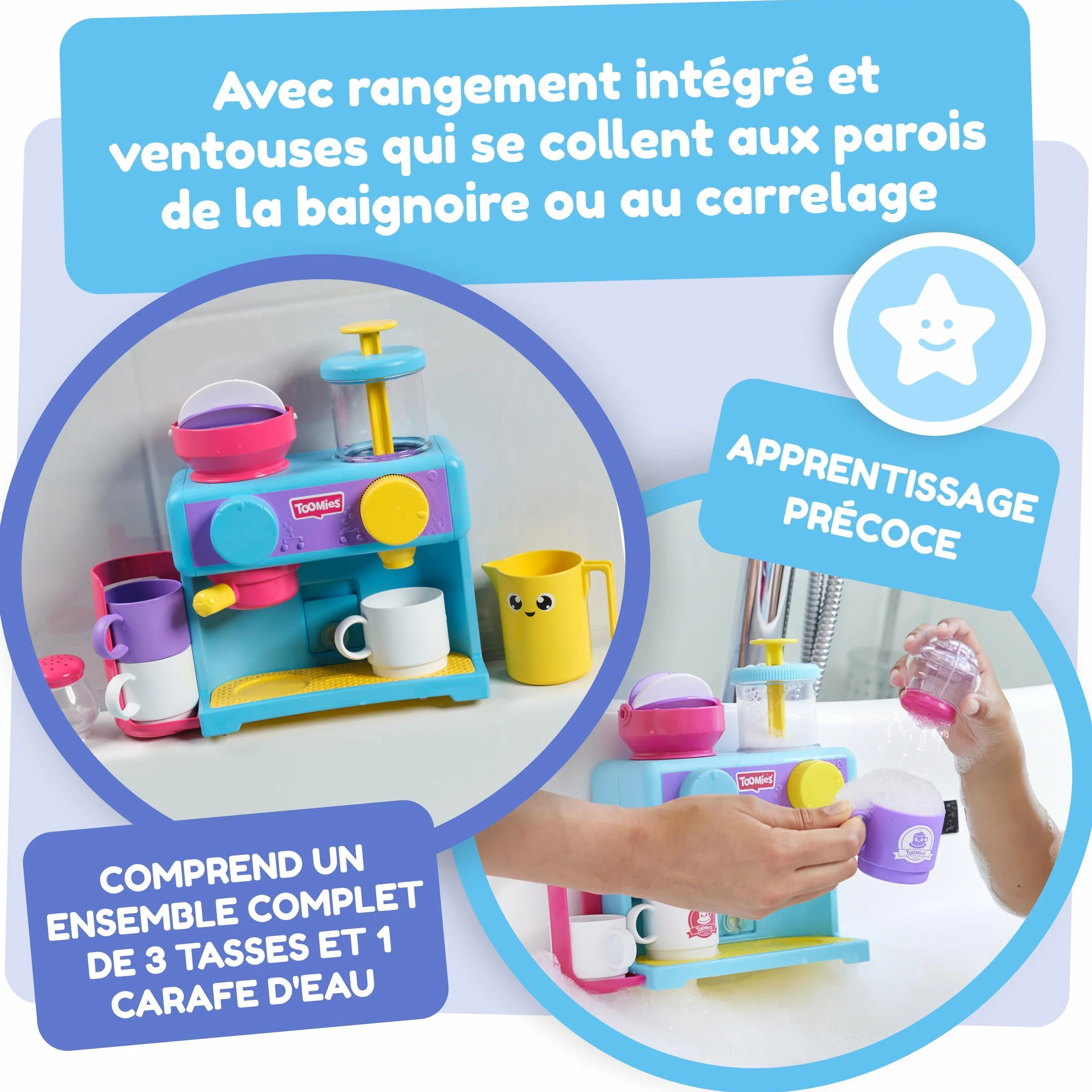 TOMY Toomies Machine à café pour le bain - Jouet de bain bébé avec 3 tasses, 1 pot et 1 shaker - À partir de 18 mois