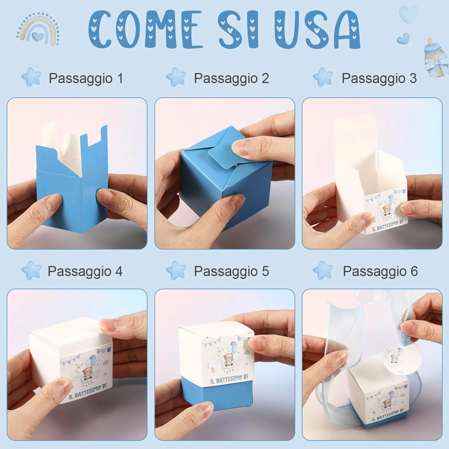 Jadive Boîtes à Dragées Baptême Personnalisables Étiquettes Ruban Cadeau Ours Arc-En-Ciel Bleu clair