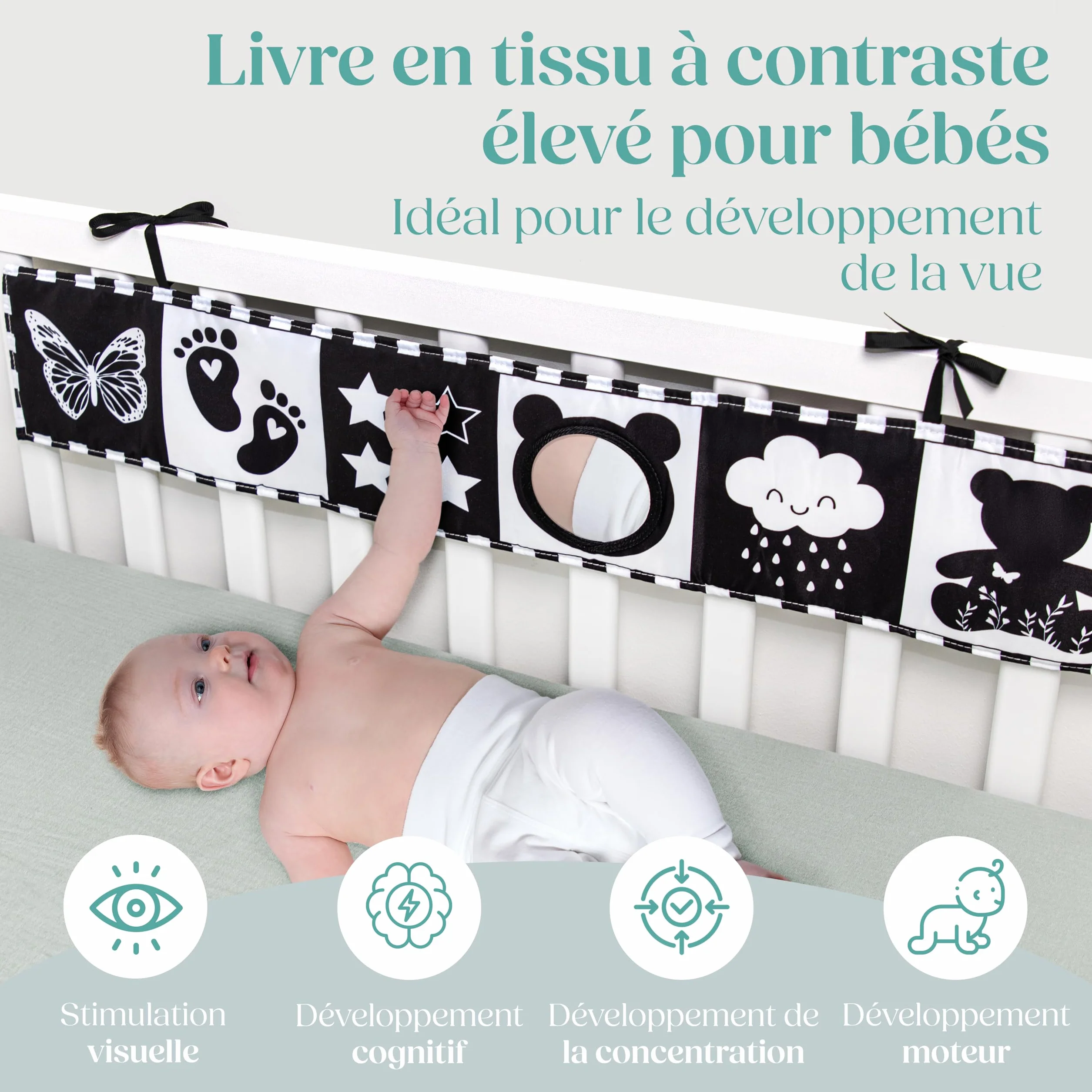 Livre Tissu Bébé Éveil 0-12 Mois Montessori Noir et Blanc Sensoriel Cadeau