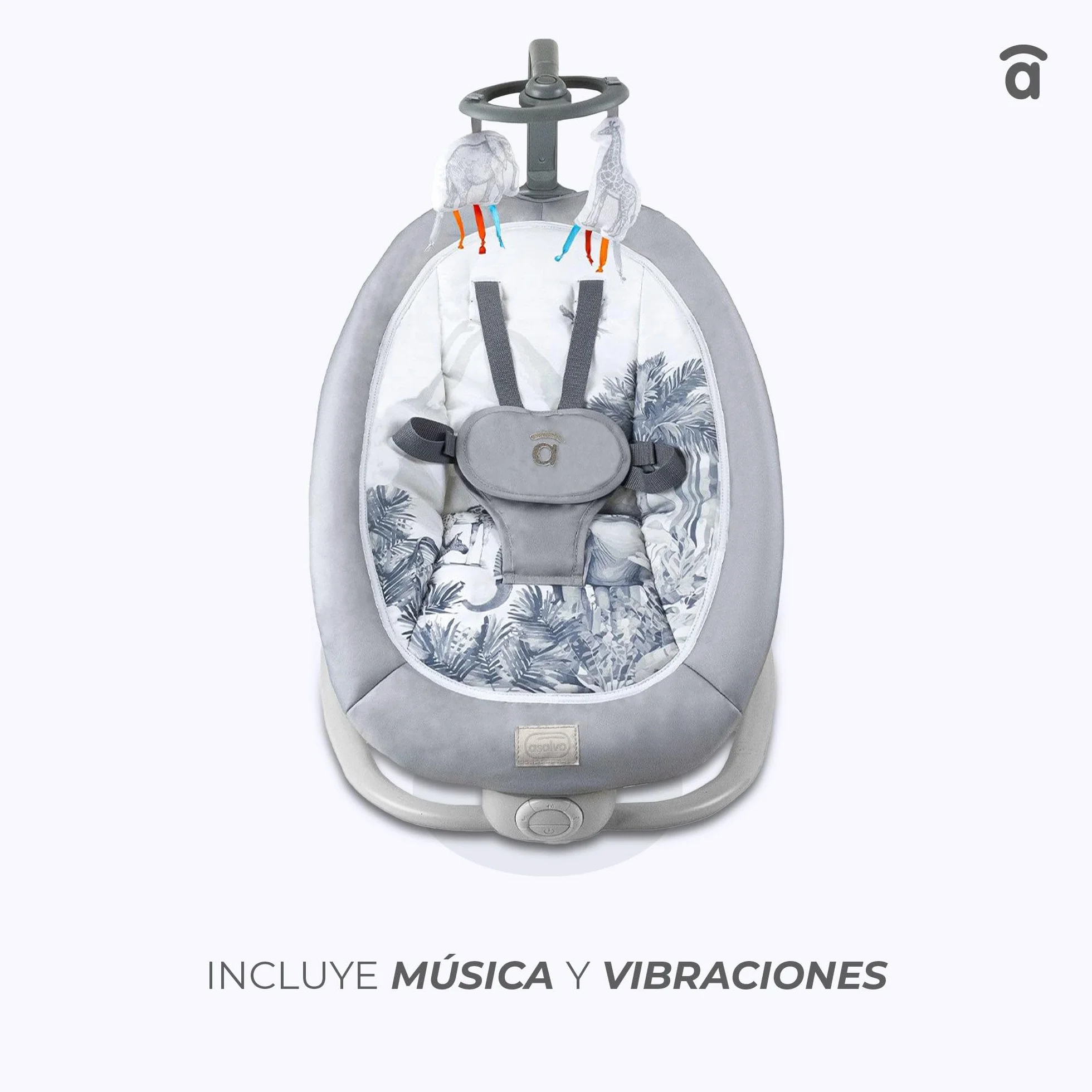Asalvo Hamac éléphant bébé pliable 4 positions musique vibration harnais 5 points charge max 9 kg Gris Aqua