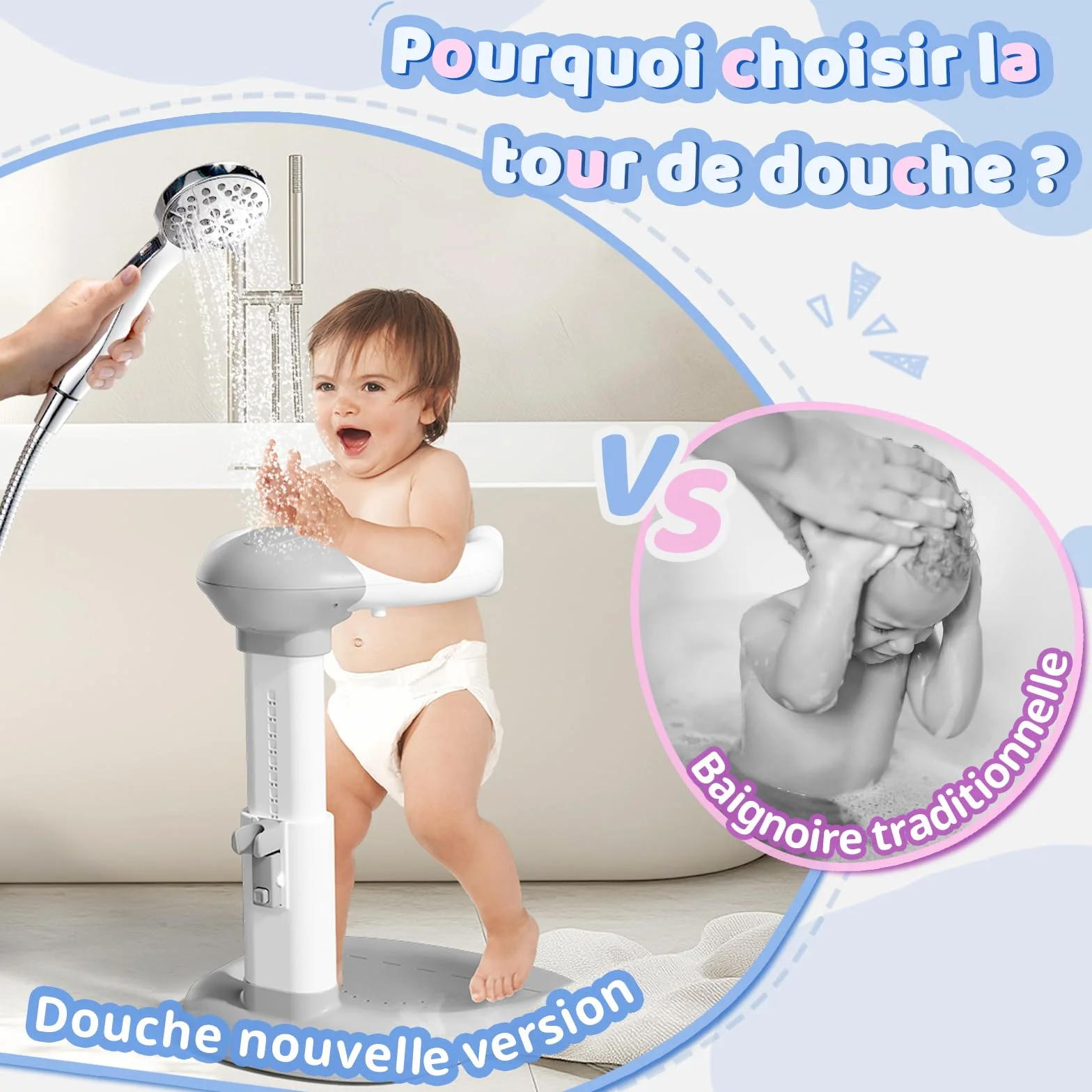 COOSEYA® Baignoire bébé avec support de douche réglable anti-pincement pour bébé debout