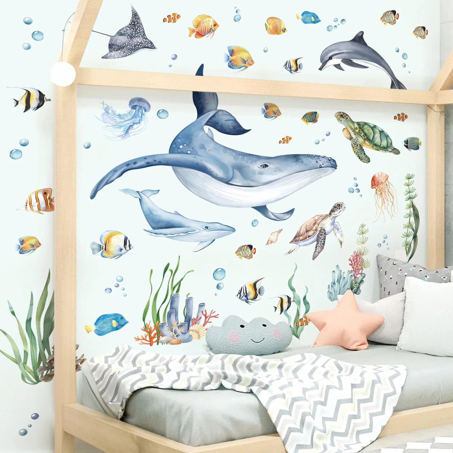 Decalmile Stickers Muraux Sous la Mer Poisson Autocollant Mural Océan Baleines Dauphin Décoration Murale Bébé