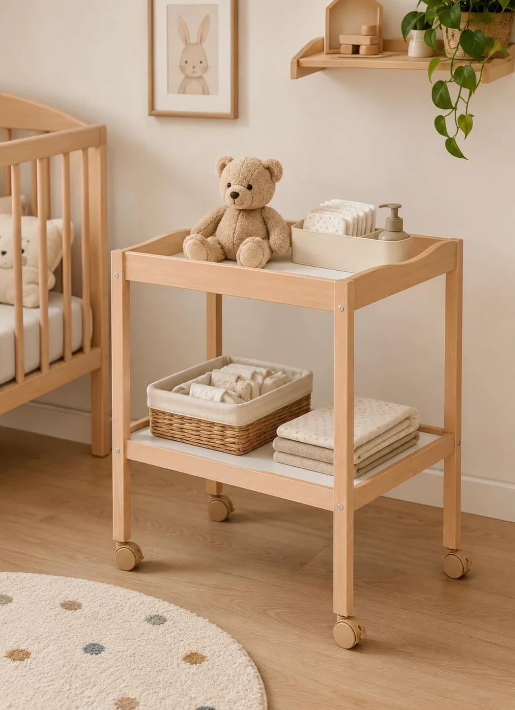 Table à Langer en Bois de Hêtre Naturel avec Roulettes Freinées 75 x 55 x 89 cm Étagère de Rangement Mobilier Bébé