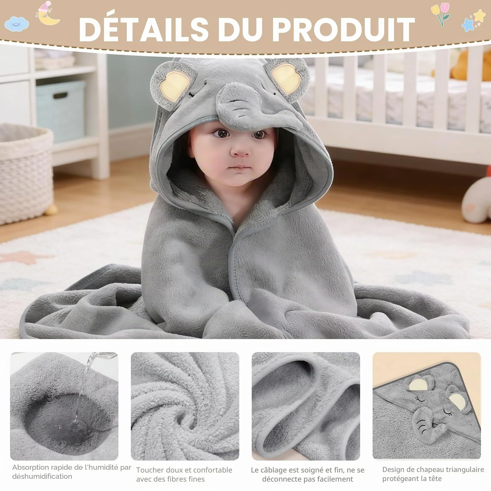 Serviette de Bain à Capuche Bébé Polaire Corail 80x80 cm Lot de 3 Éléphant Gris