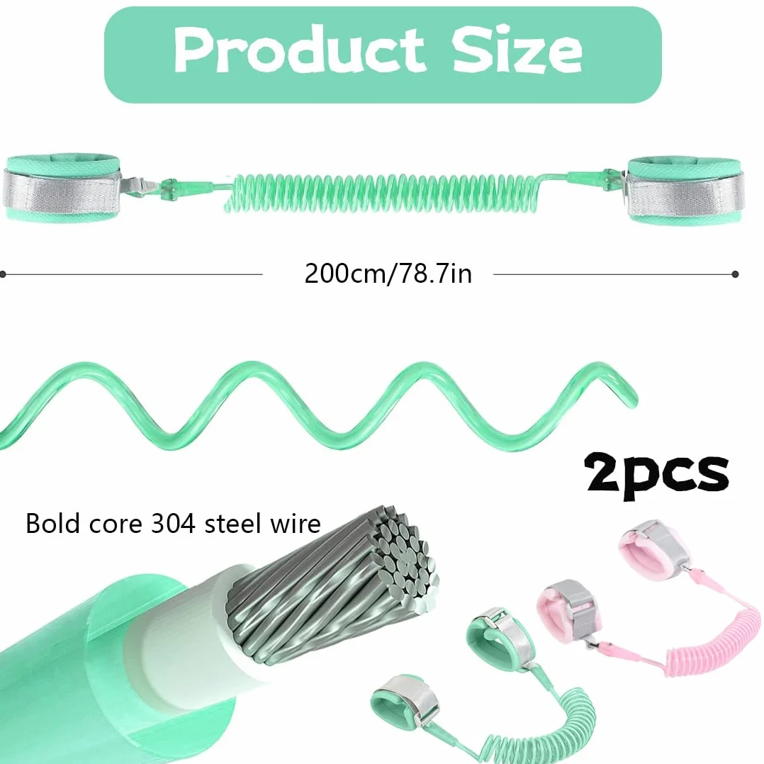 Laisse de Sécurité pour Enfants 2M Anti-perdu Bracelet Harnais Bébé Rotation 360° Rose Vert