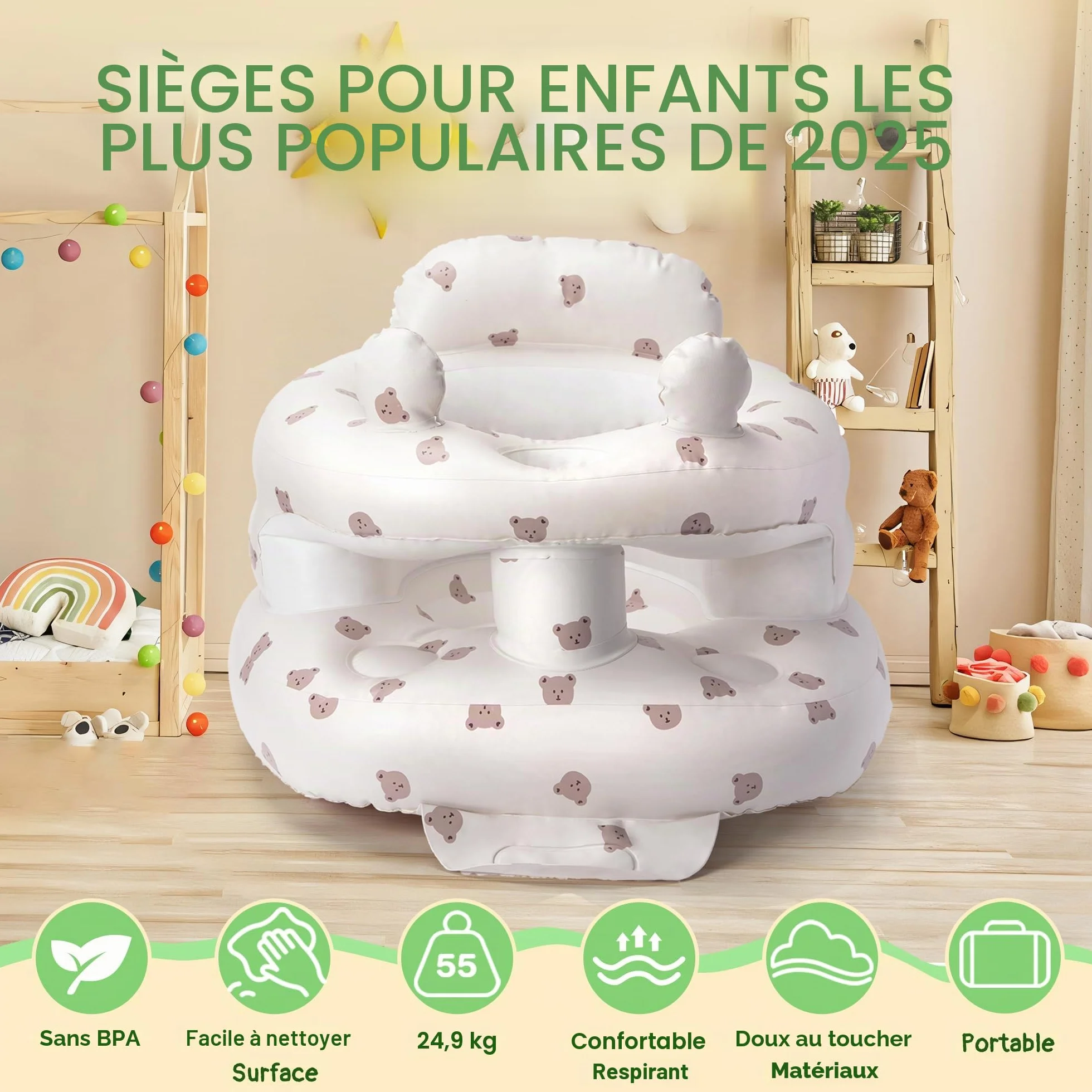 Siège bébé gonflable Zolirao avec pompe à air intégrée, portable 3-36 mois, soutien dos et nuque, sans BPA, motif ours